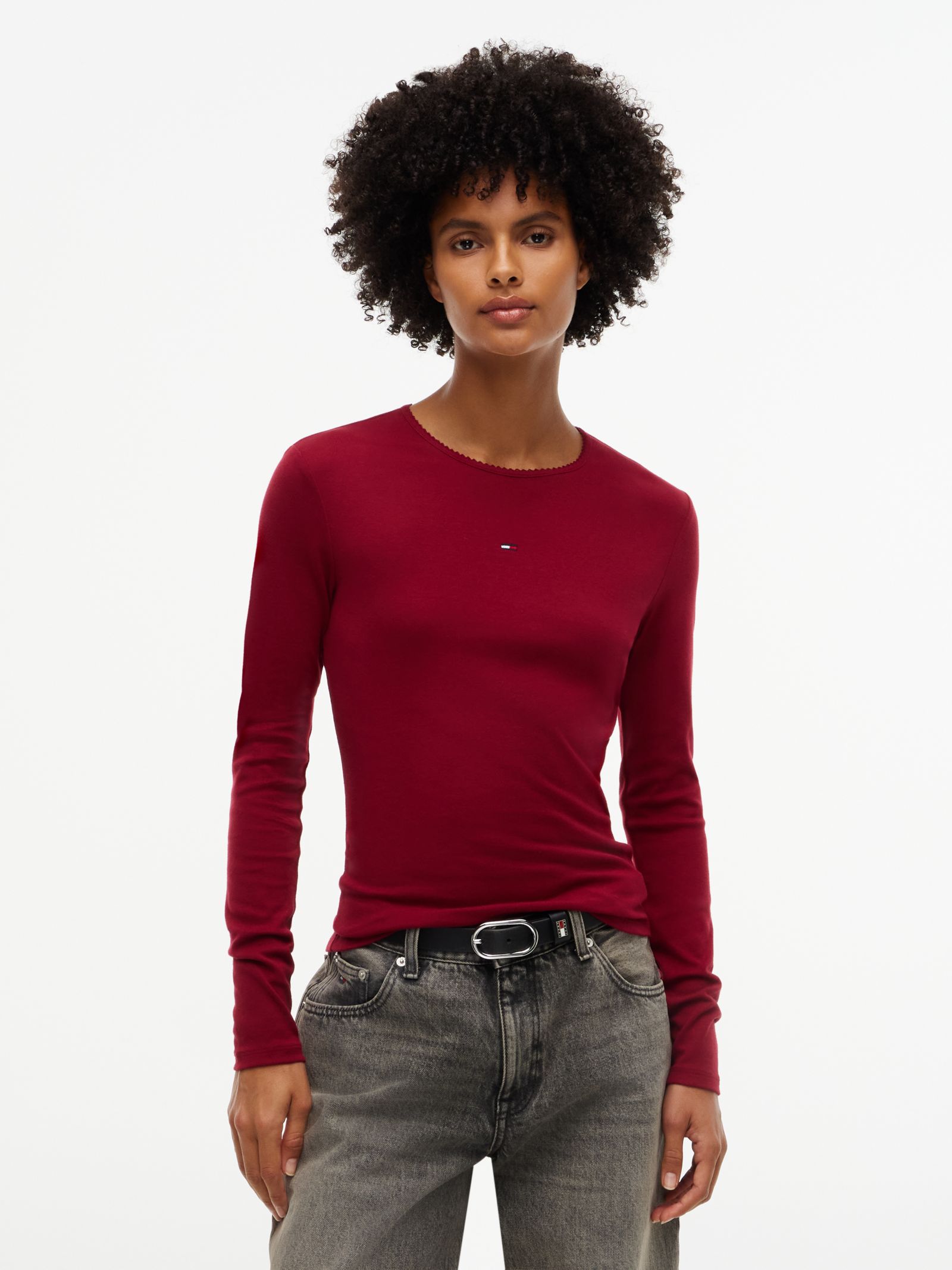 Tommy Jeans Slim fit longsleeve t-shirt met picot rand in rood