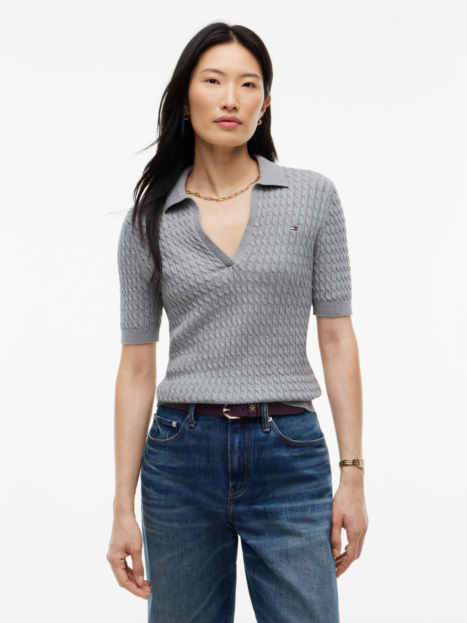 Tommy Hilfiger Kabelgebreide polotrui met korte mouwen for women in grijs