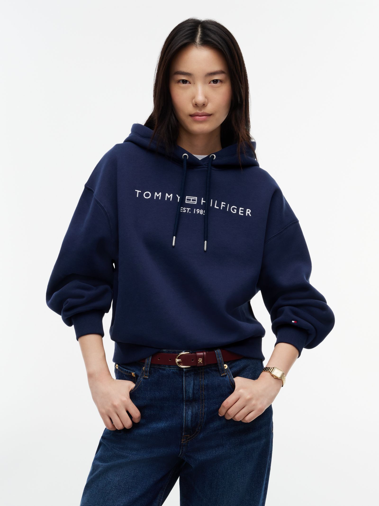Tommy Hilfiger relaxed fleece hoodie met logo en trekkoord in marine