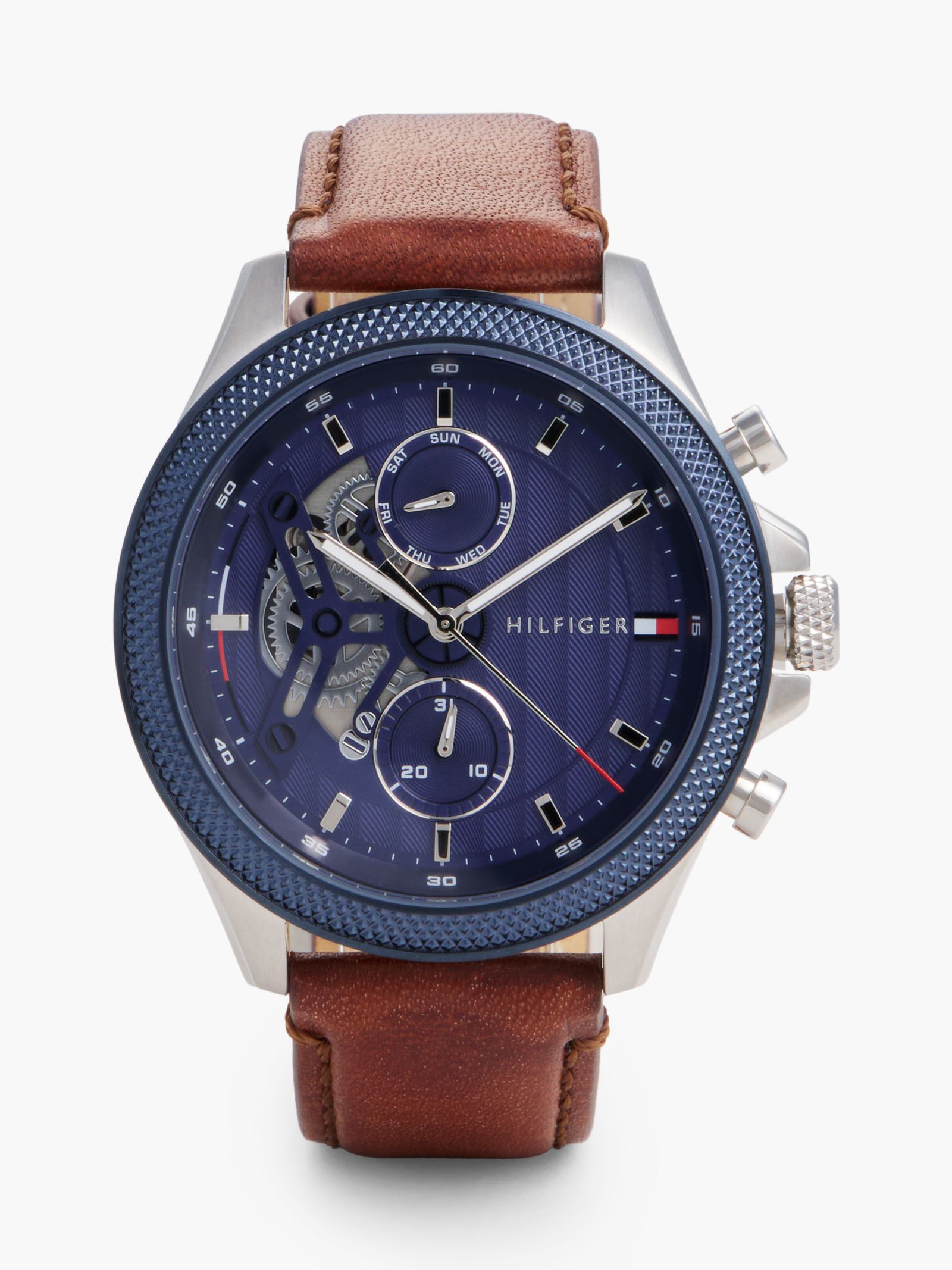 Tommy Hilfiger Horloge met marineblauwe wijzerplaat en bruine leren band