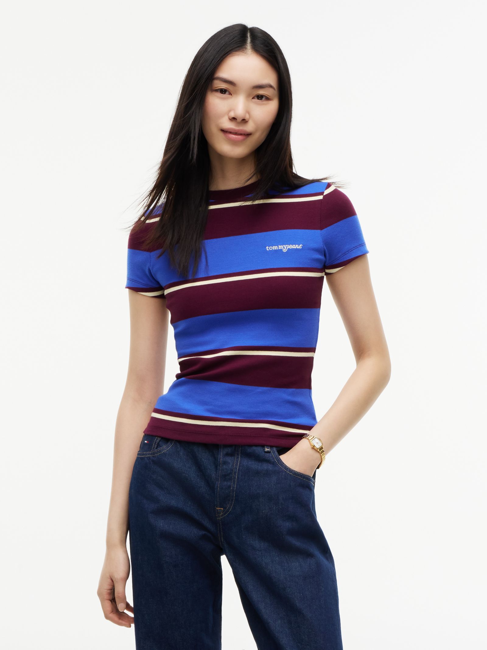Tommy Jeans geribd slim fit t-shirt met logo in blauw