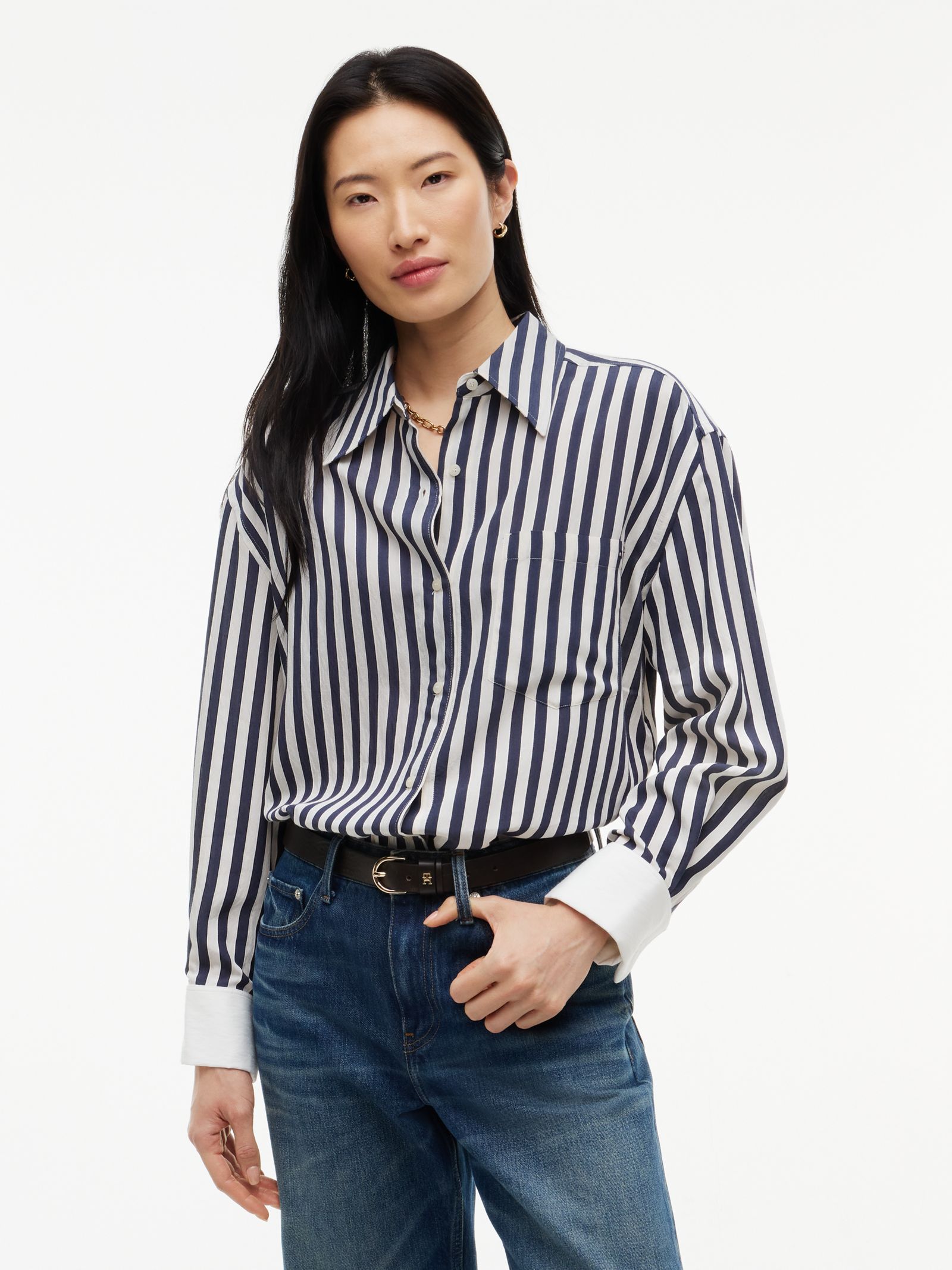 Tommy Hilfiger Relaxed Fit Gestreept Overhemd met Dubbele Manchetten in marine