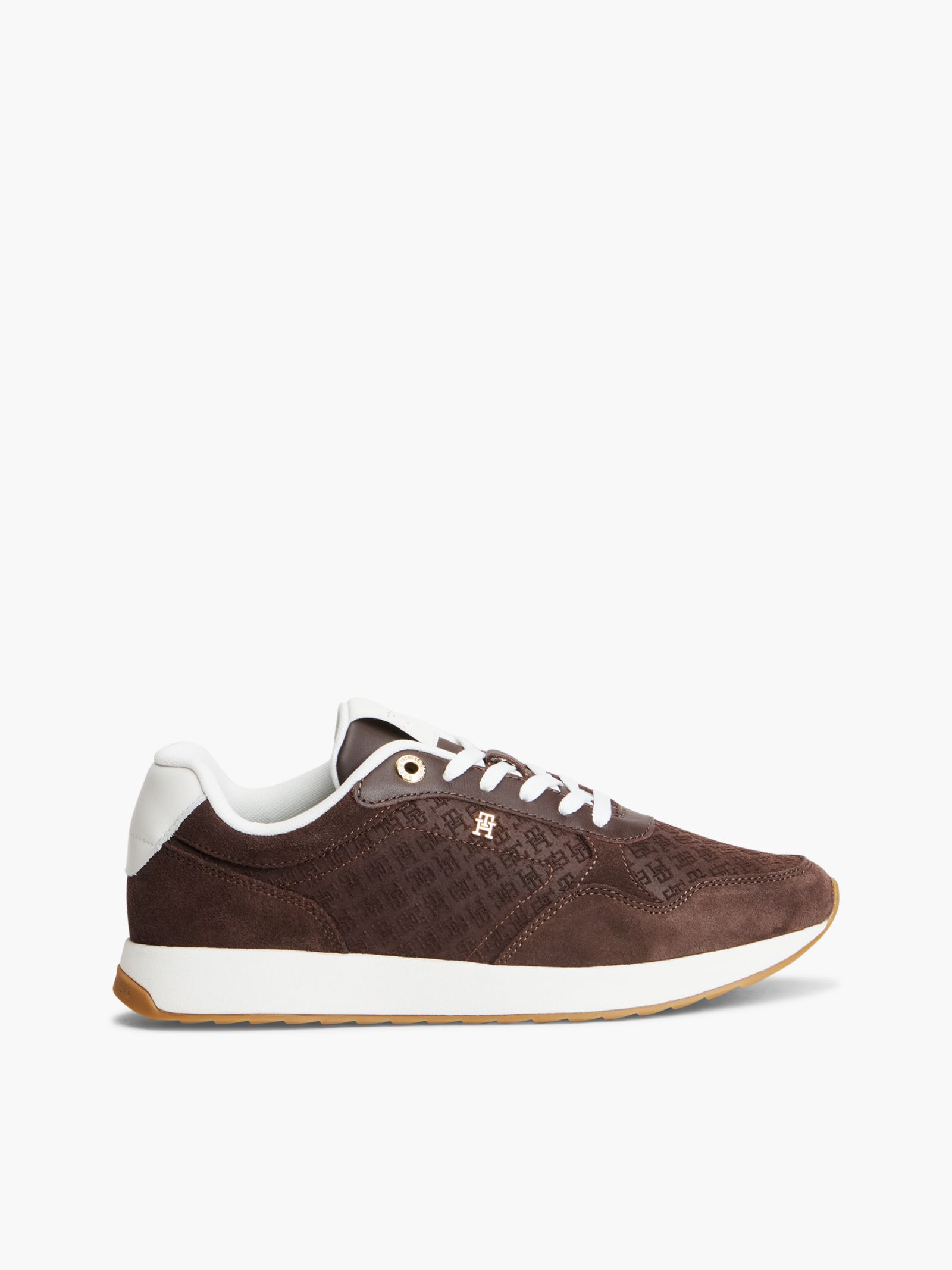 Tommy Hilfiger Suède sneaker met metalen TH monogram in bruin