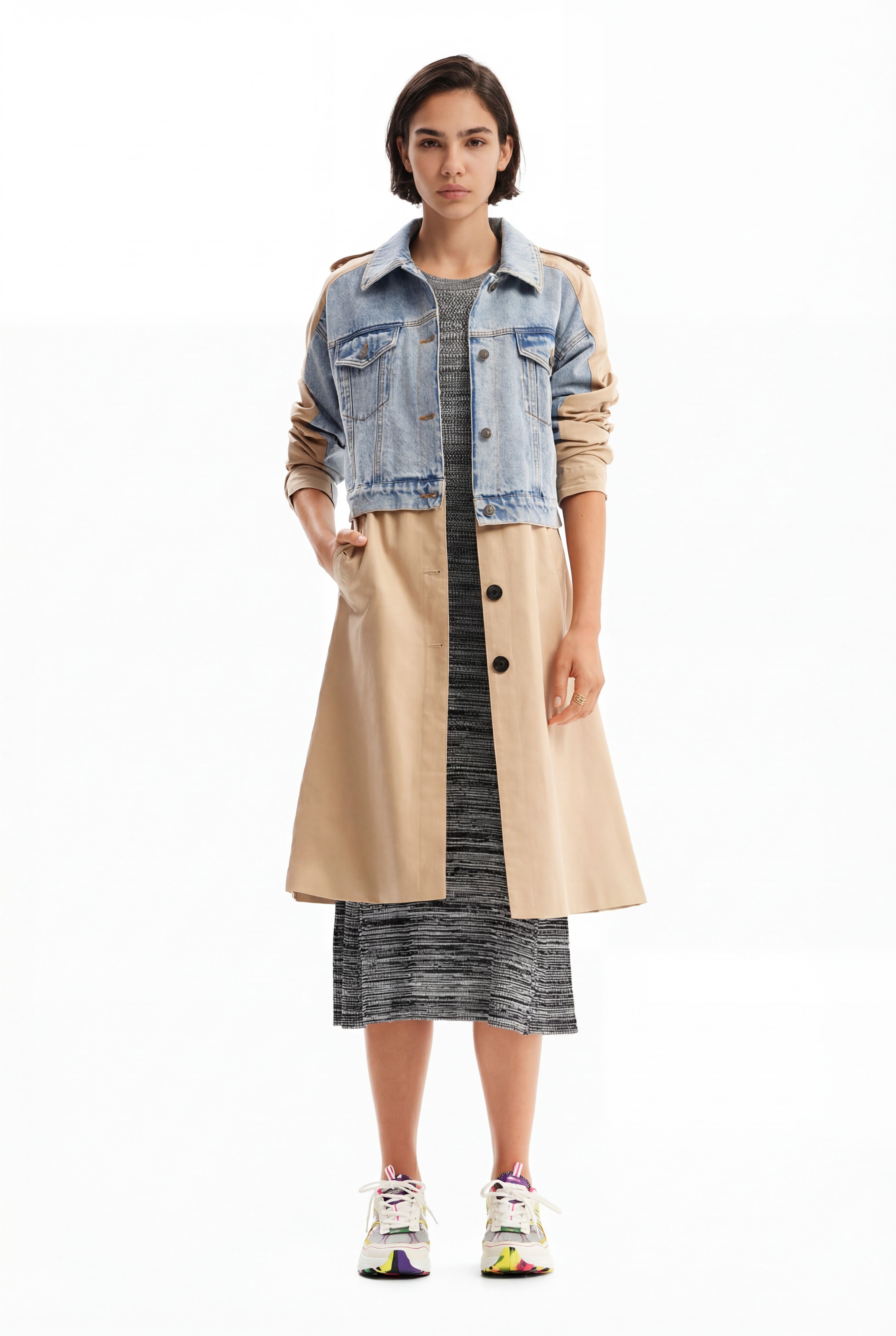 Desigual Hybride denim trenchcoat in beige