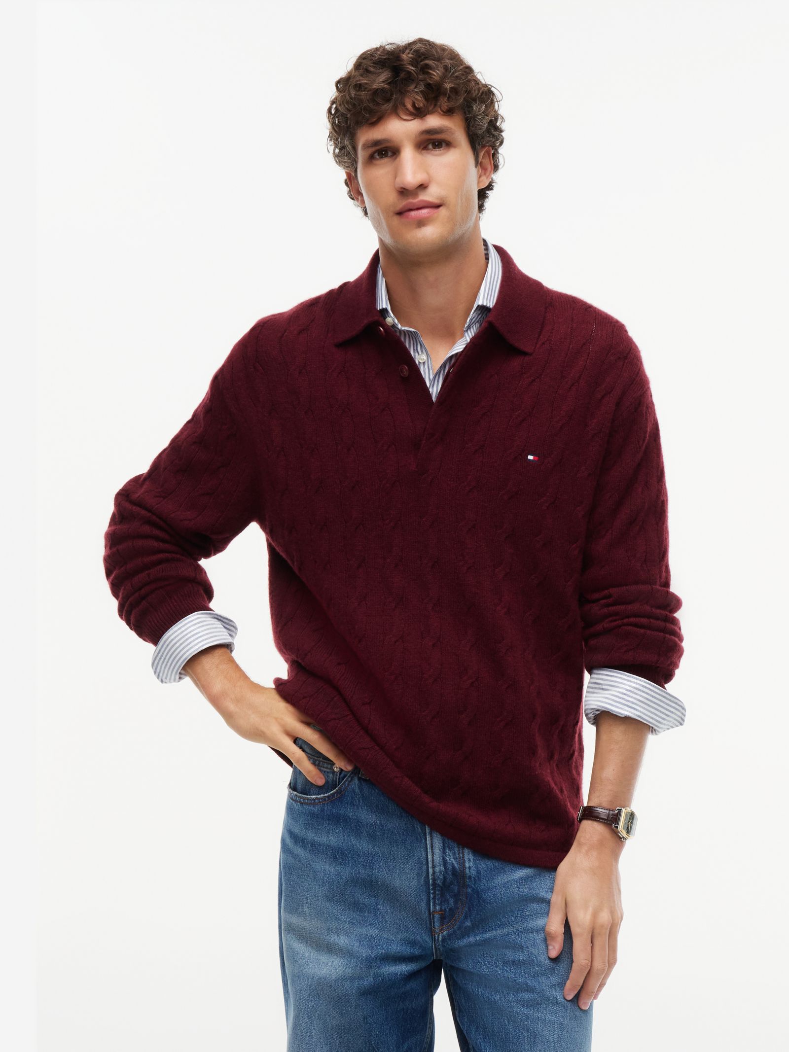 Tommy Hilfiger kabelgebreide rugbytrui van zuivere wol in rood
