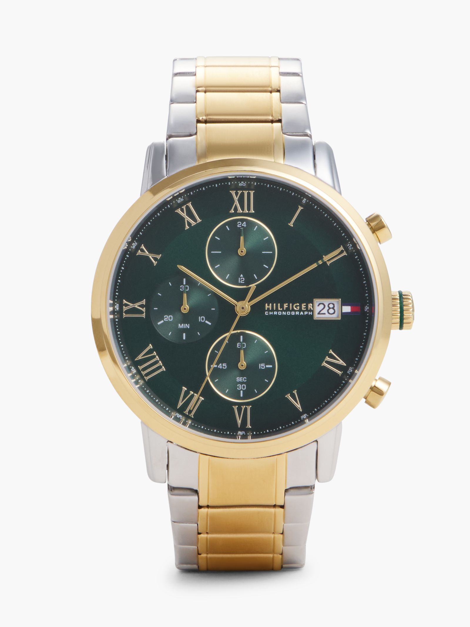 Tommy Hilfiger Horloge met groene wijzerplaat en tweekleurige vergulde schakelband