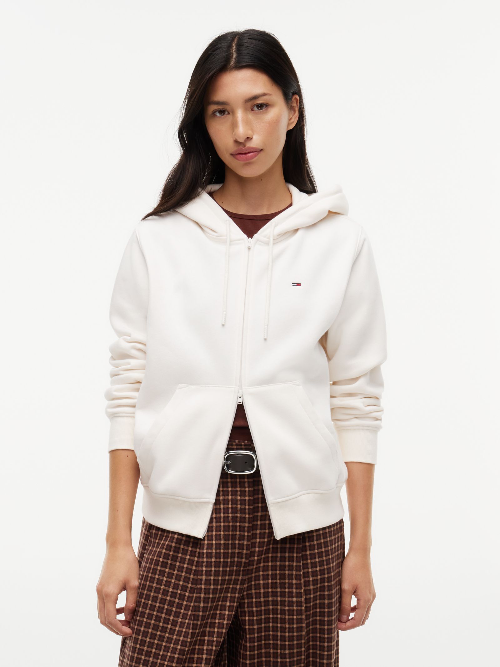 Tommy Jeans Fleece hoodie met rits en geborduurde vlag in wit