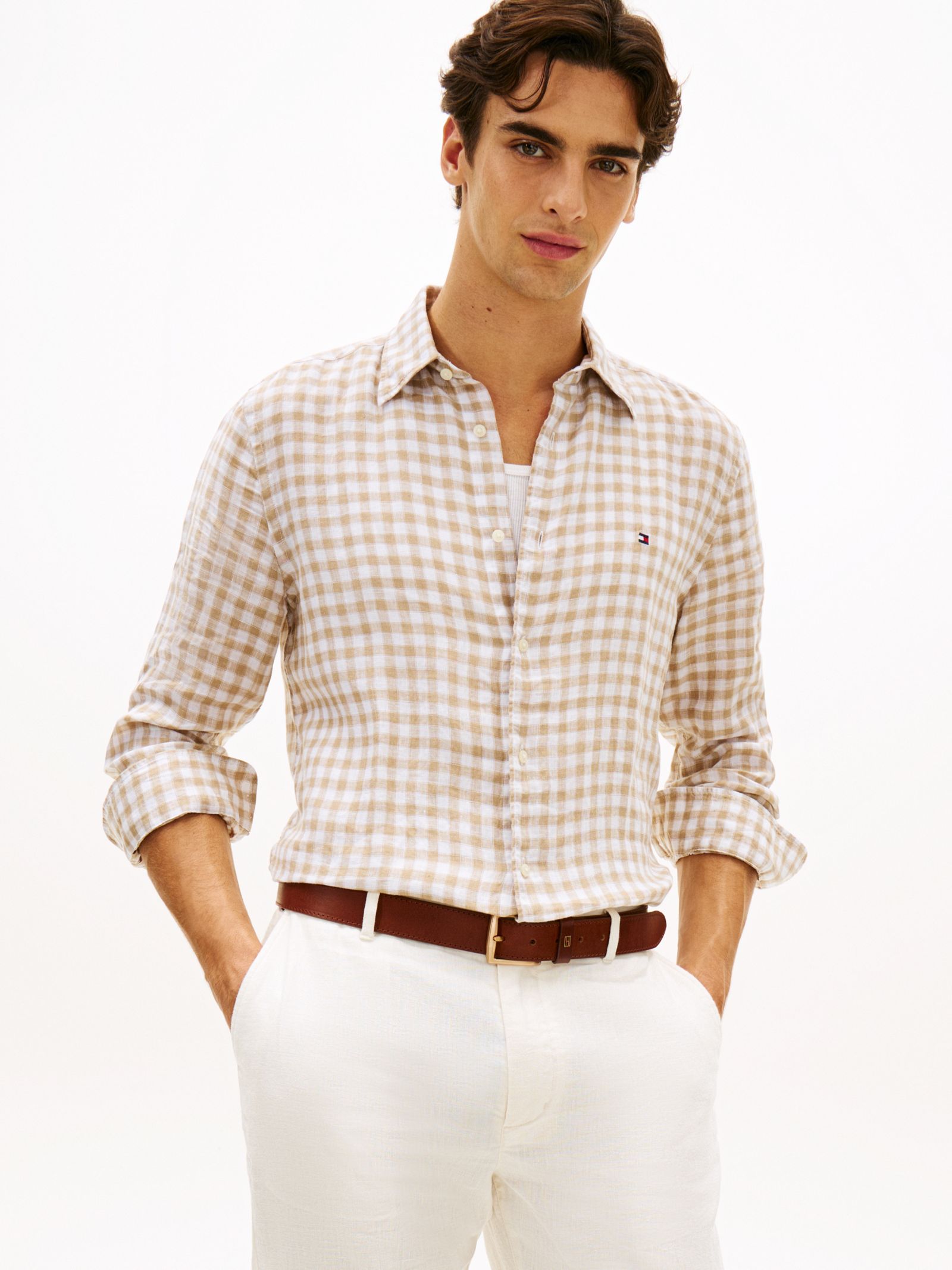 Tommy Hilfiger Regular fit overhemd van linnen met ginghamruit in beige