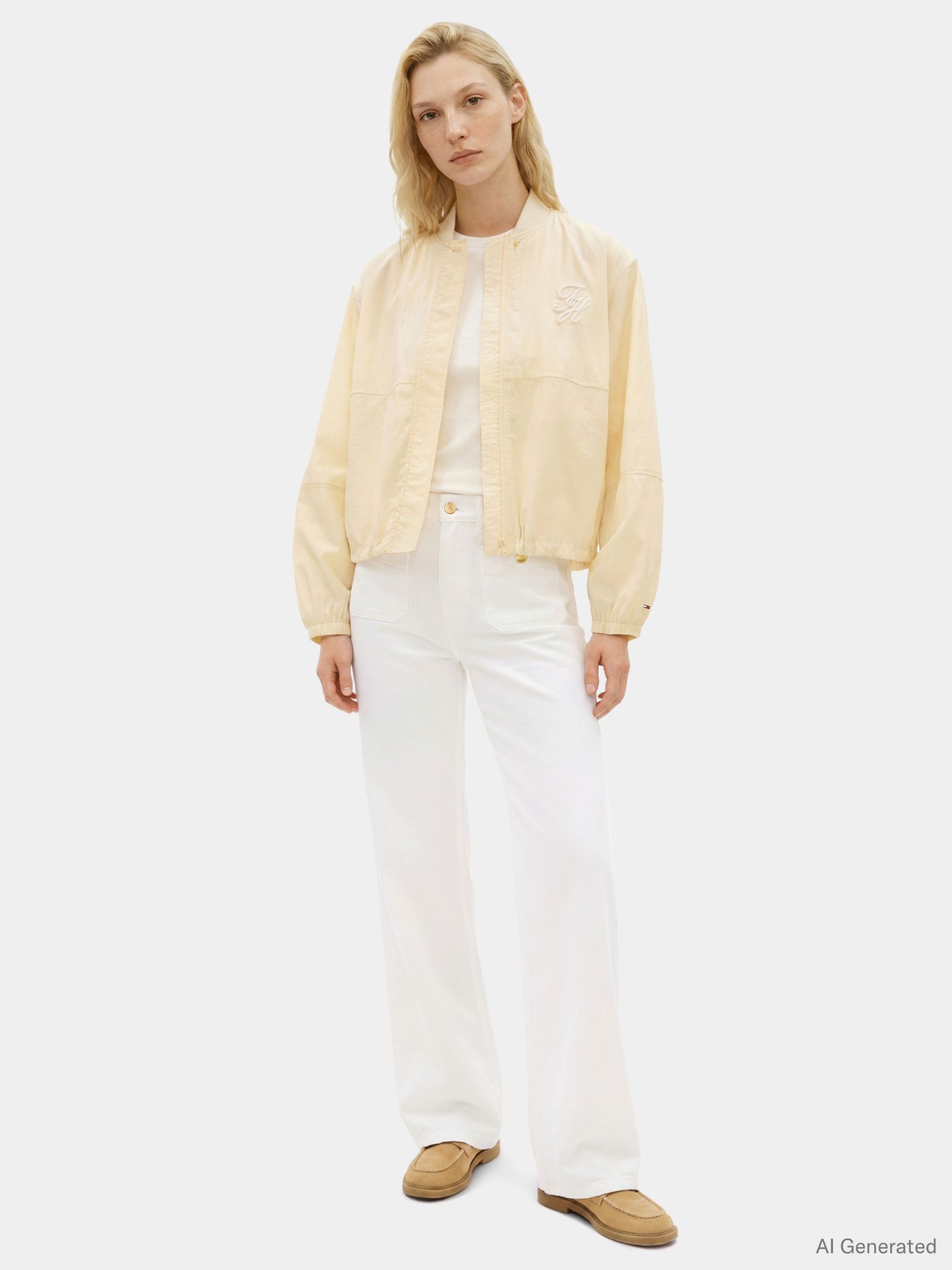 Tommy Hilfiger Bomberjack met pofmouwen en geborduurd logo in beige