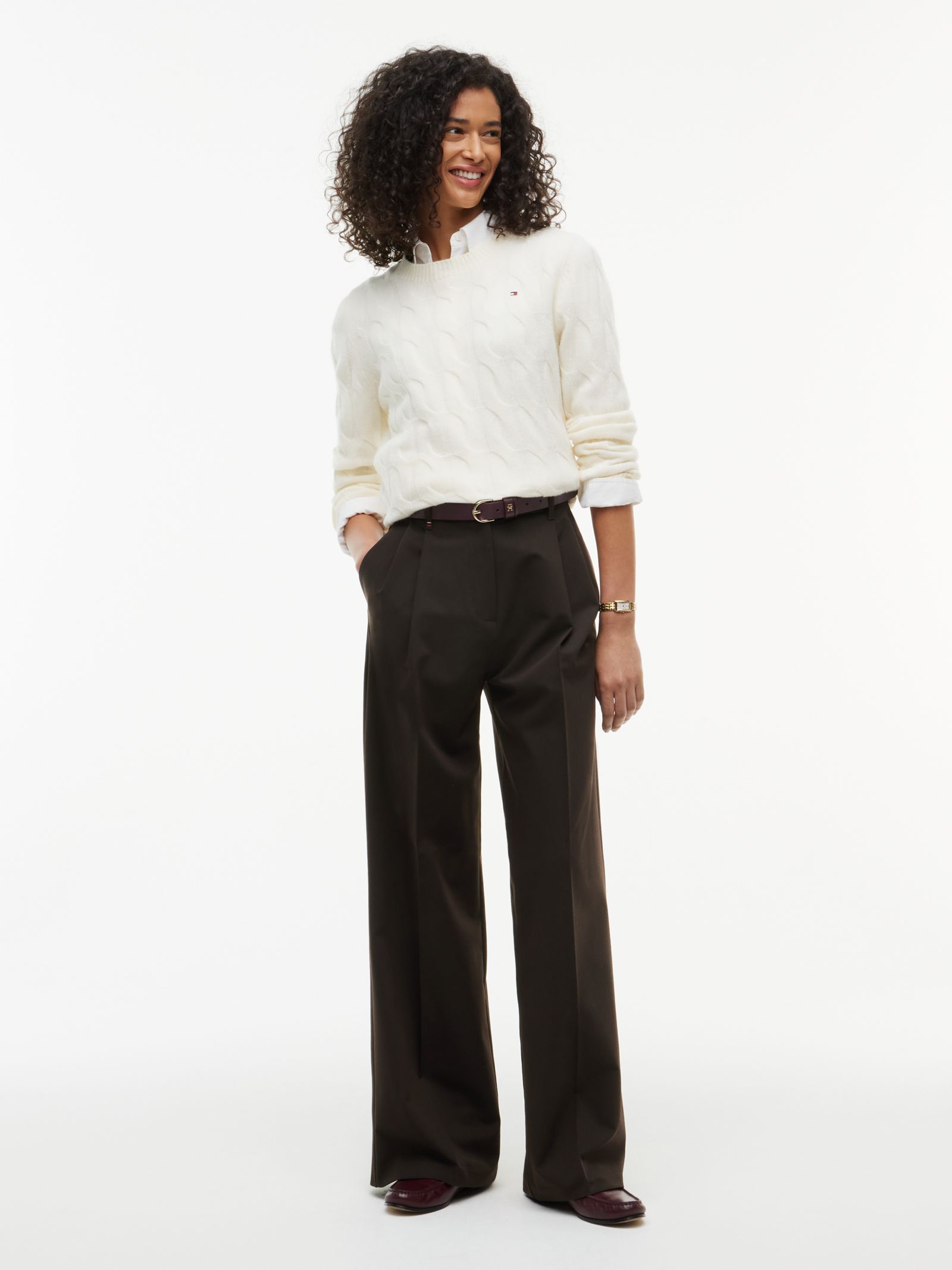 Tommy Hilfiger Twill pantalon met wijde broekspijpen in bruin