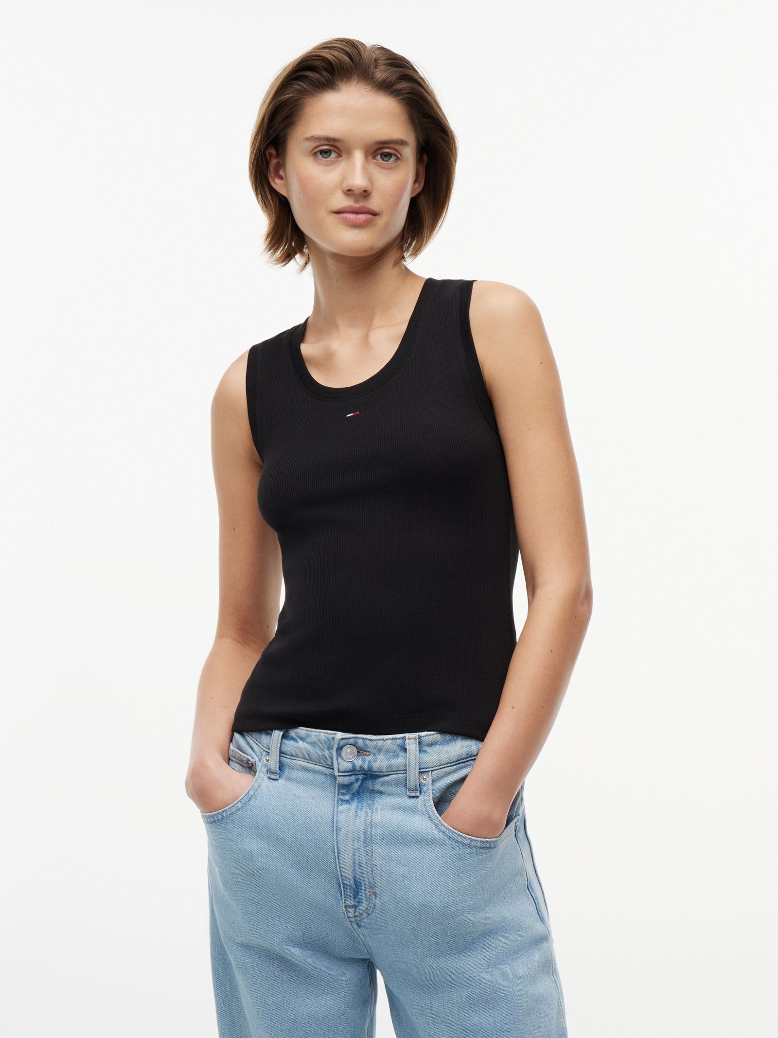 Tommy Jeans geribde slim tanktop met diepe hals in zwart