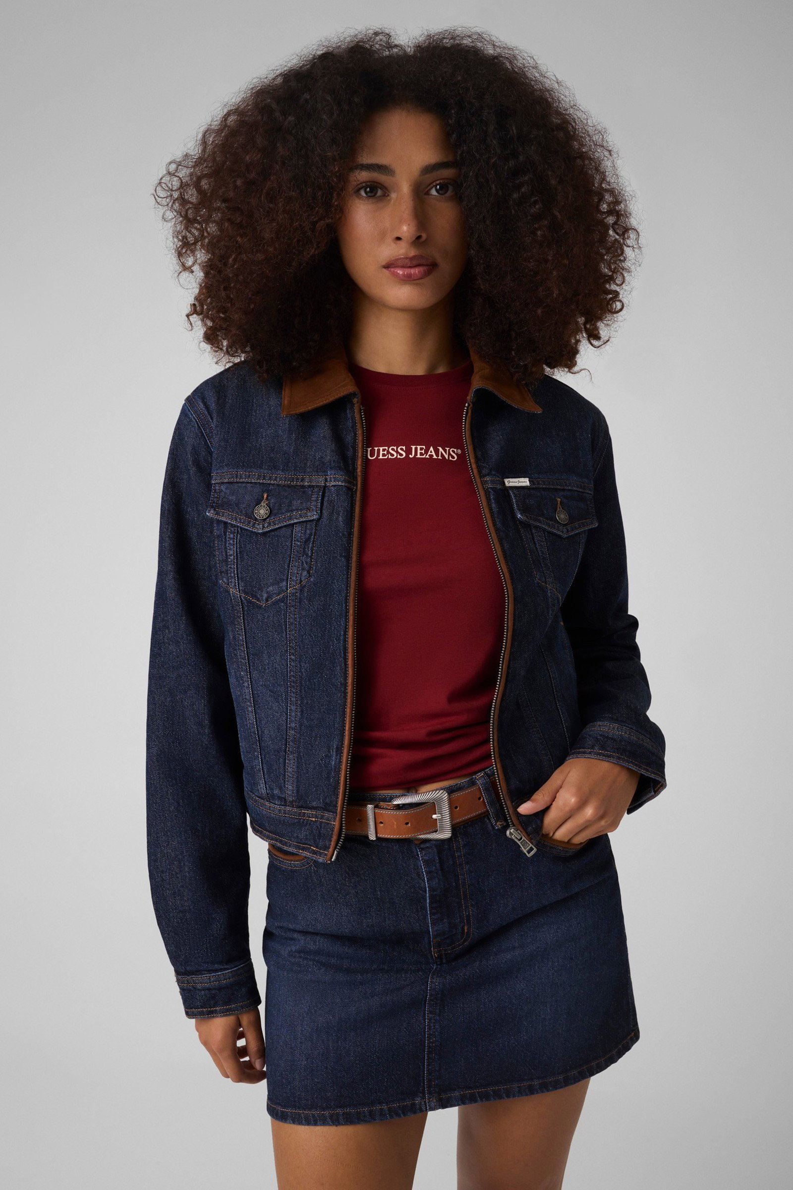 Guess Gevoerd Denim Truckerjack Met Rits in blauw