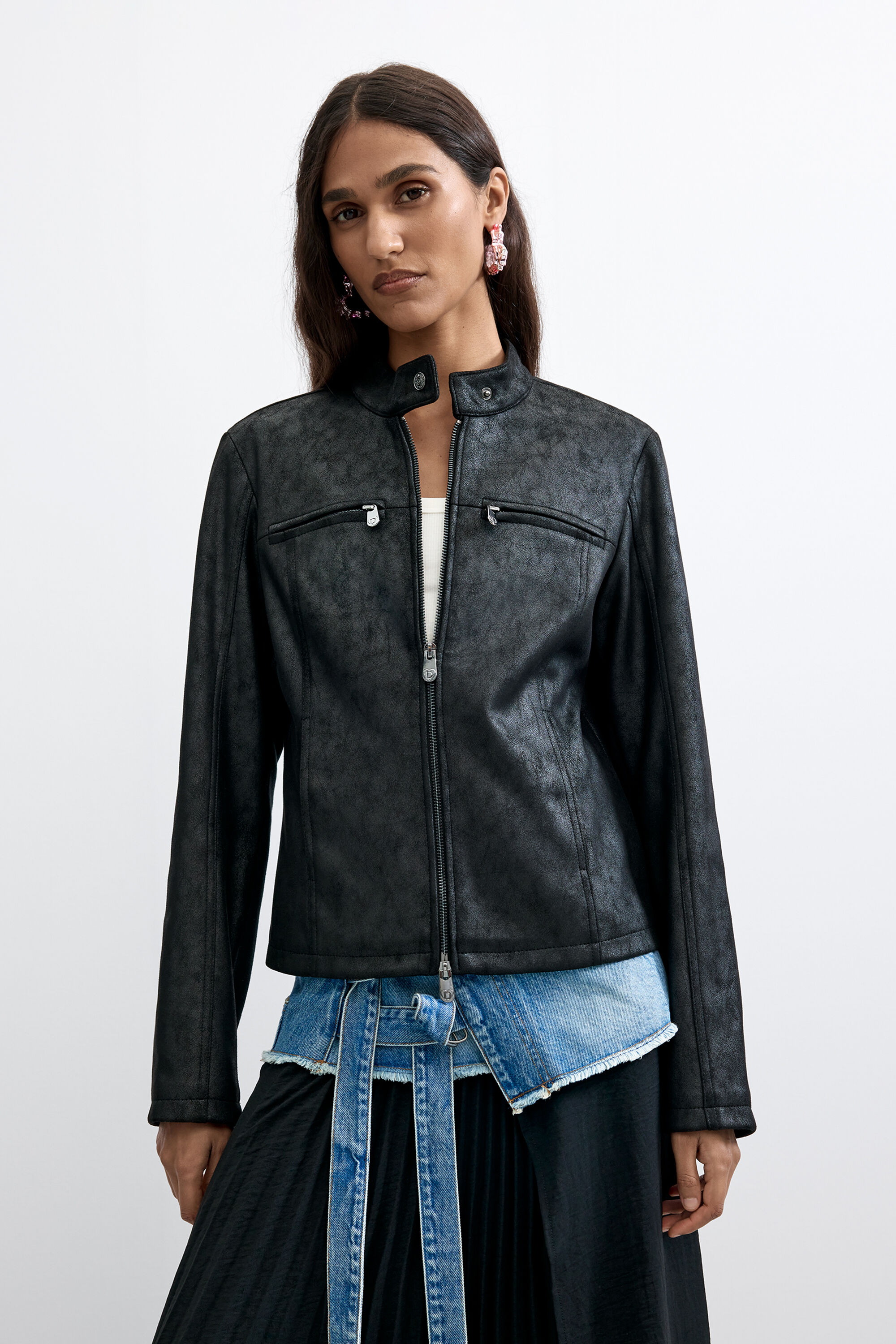 Desigual Jas met leereffect in zwart