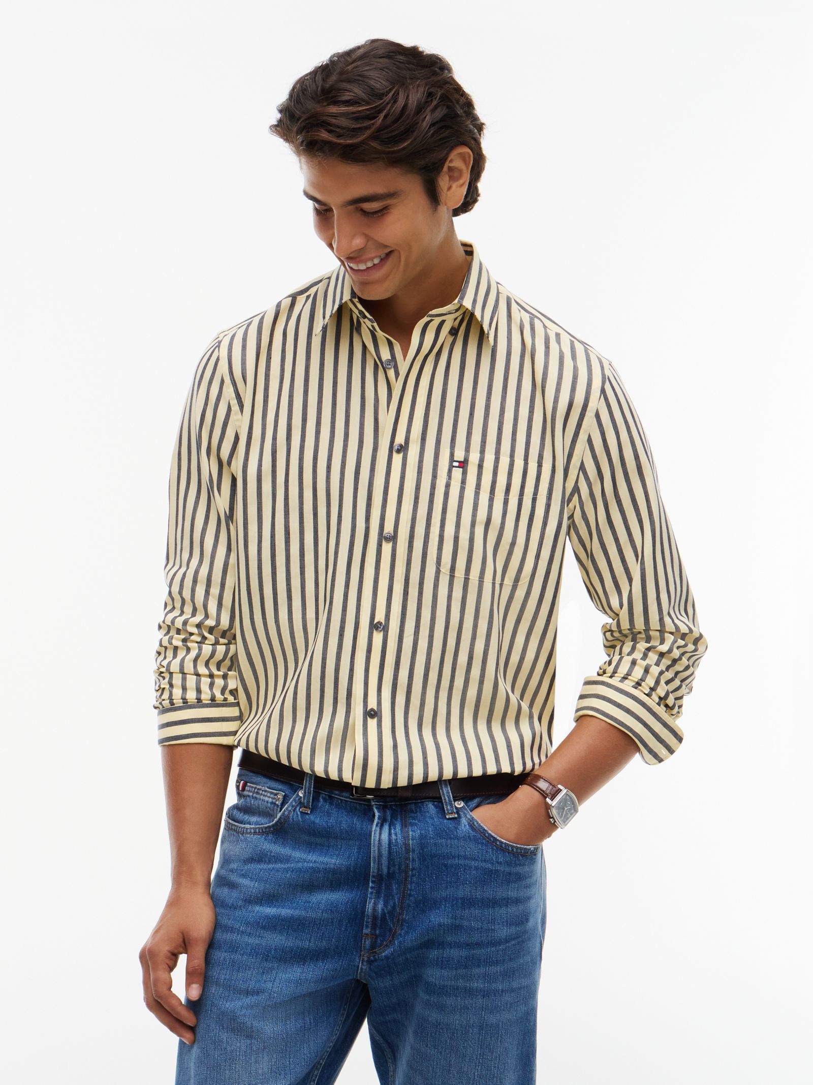 Tommy Hilfiger Gestreept relaxed fit overhemd van linnenmix in geel