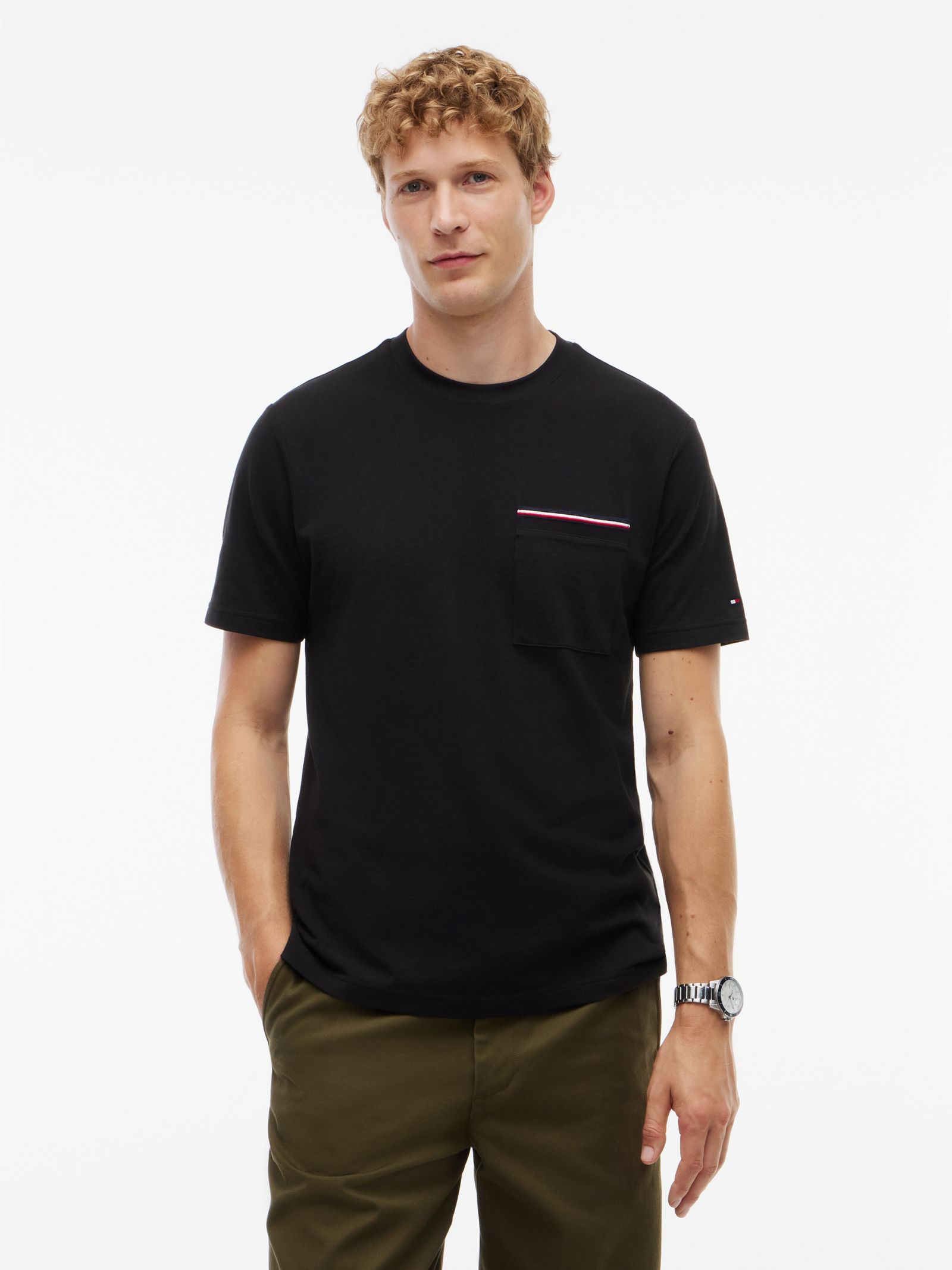 Tommy Hilfiger piqué T-shirt met signature streep op de zak in zwart