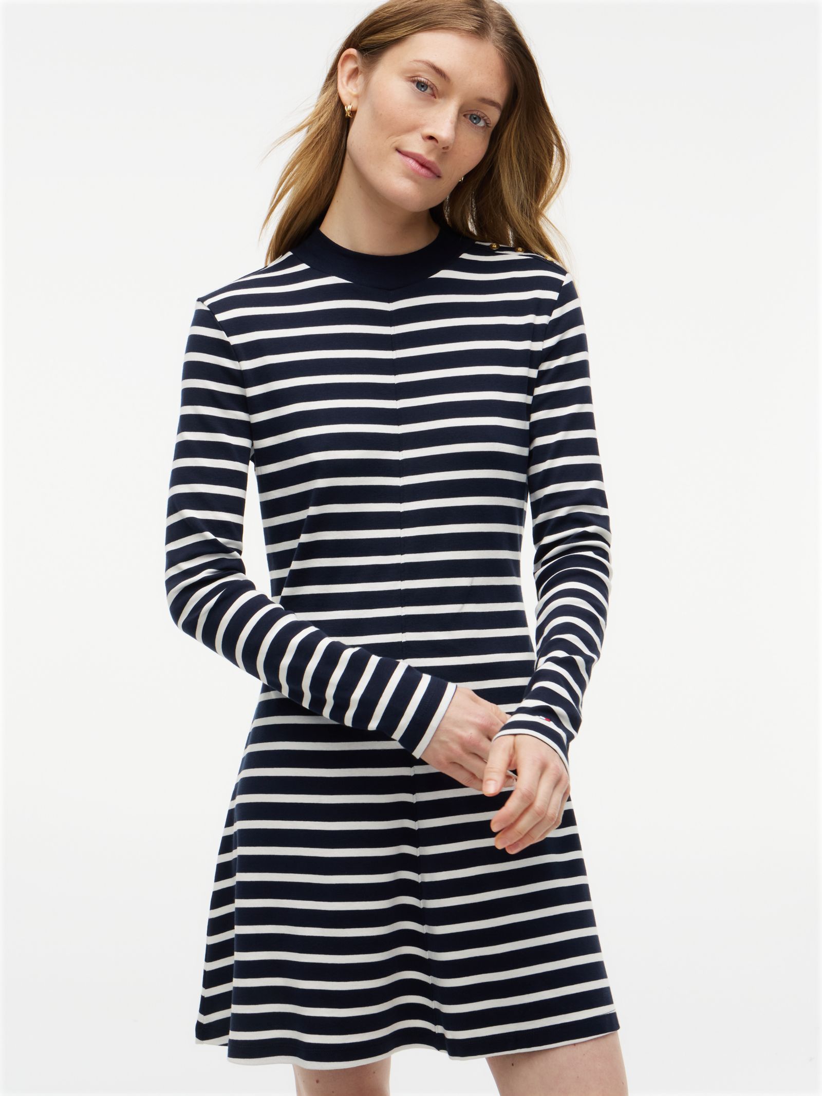 Tommy Hilfiger Midi jurk met uitlopende rok lange mouwen en goudkleurige knopen in marine