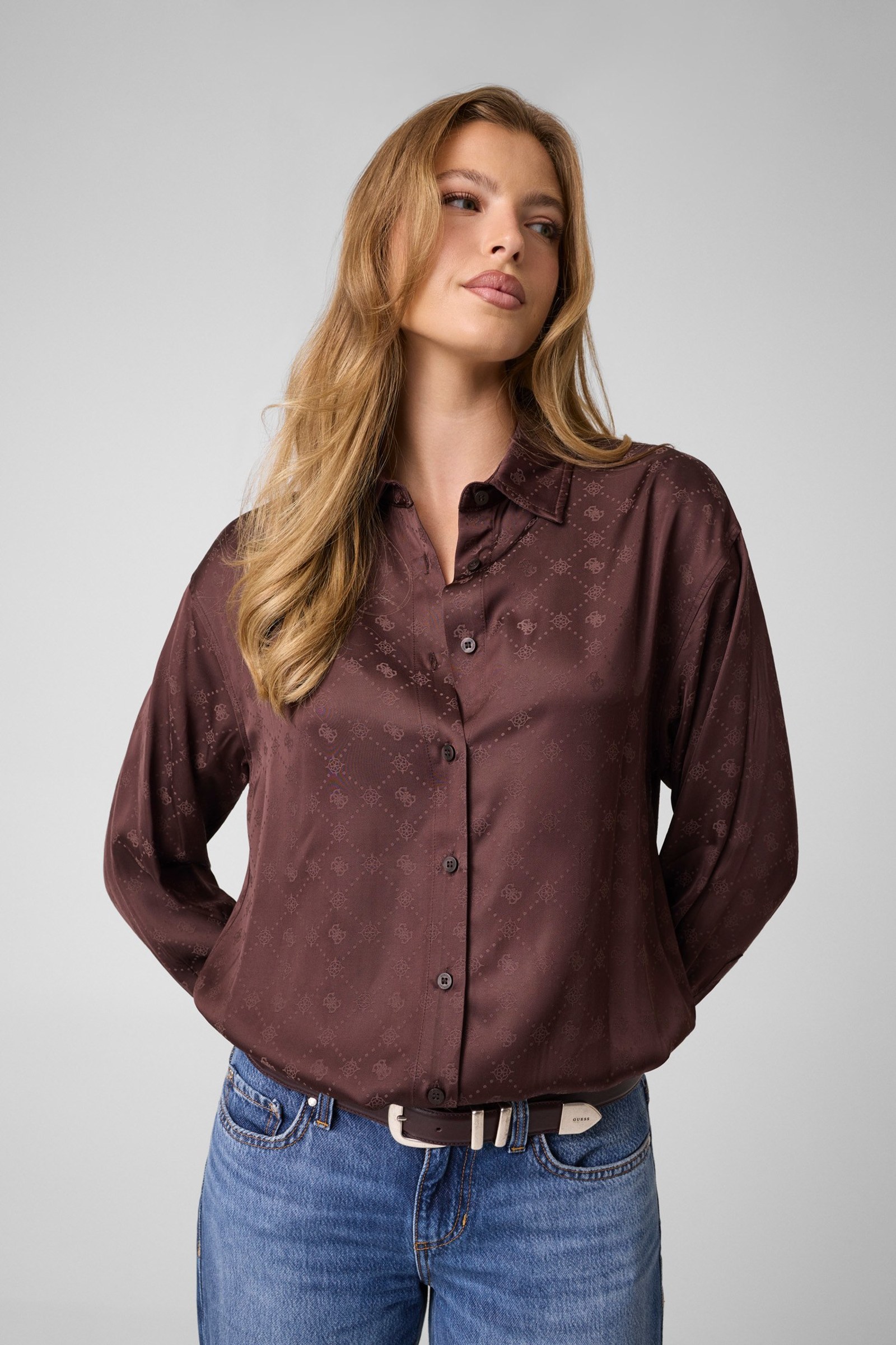 Guess Shirt Van Viscose Met Logo in bruin