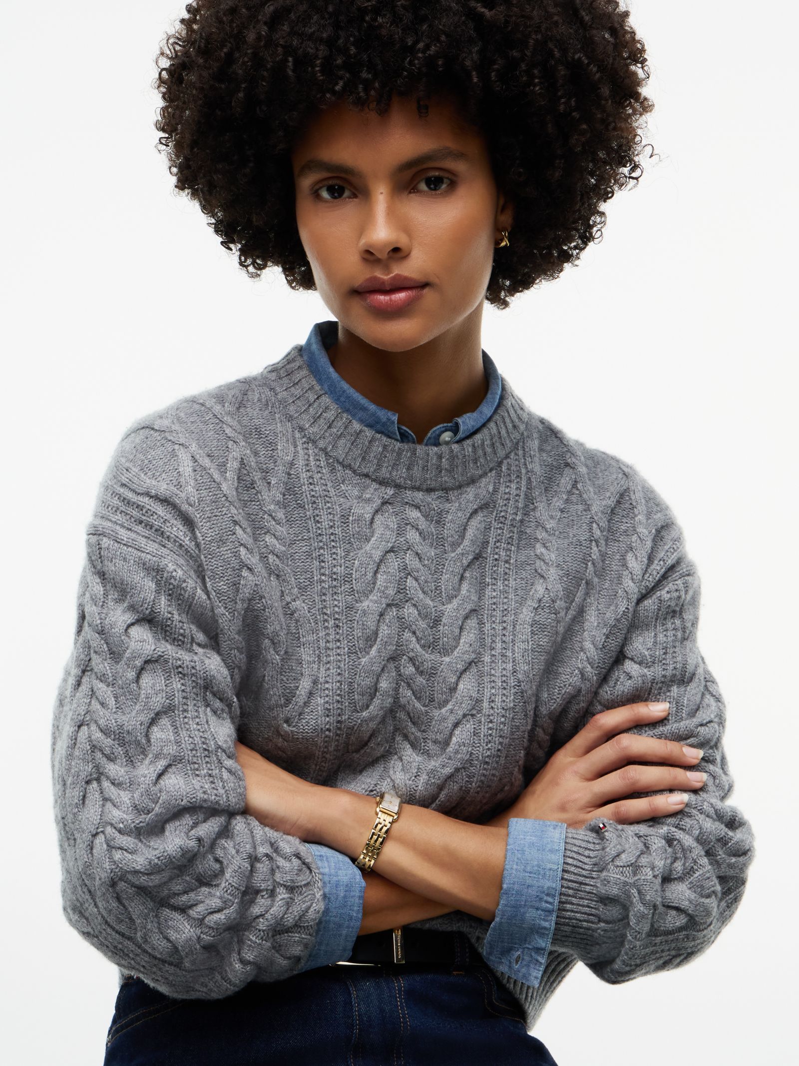 Tommy Hilfiger Kabelgebreide trui met relaxed fit en zijde in grijs