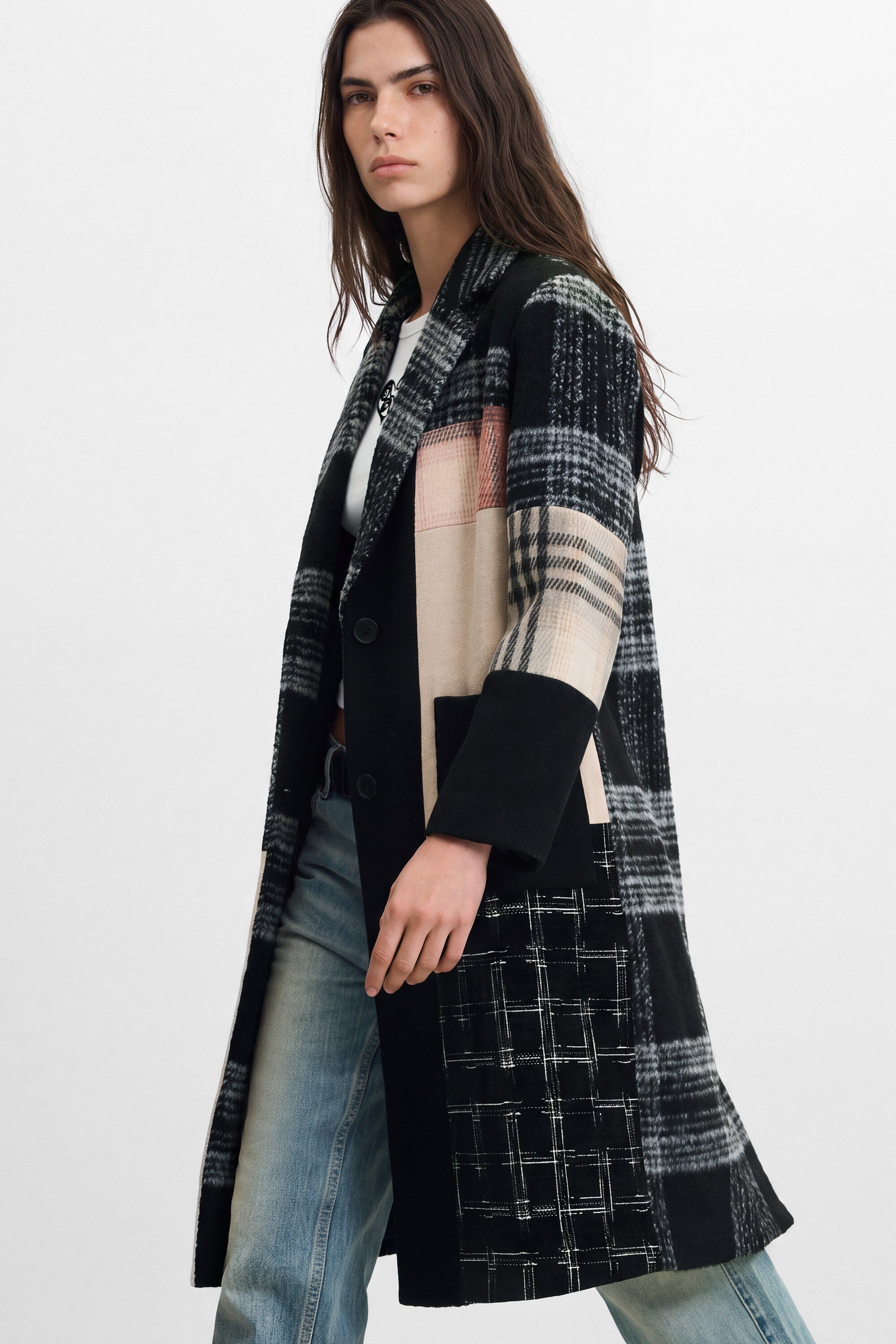 Desigual Wollen mantel Ruit patch