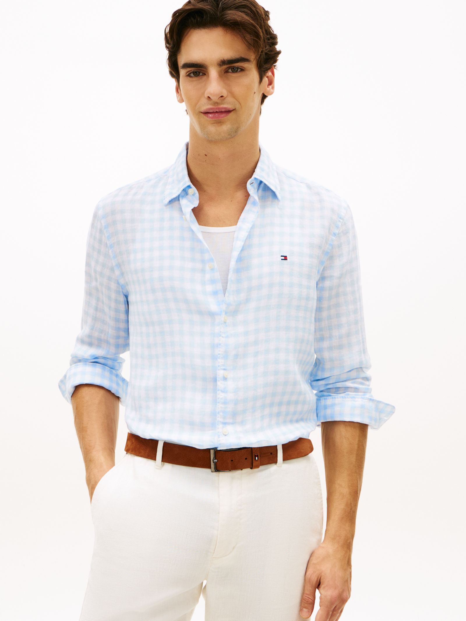 Tommy Hilfiger Regular fit overhemd van linnen met ginghamruit in blauw