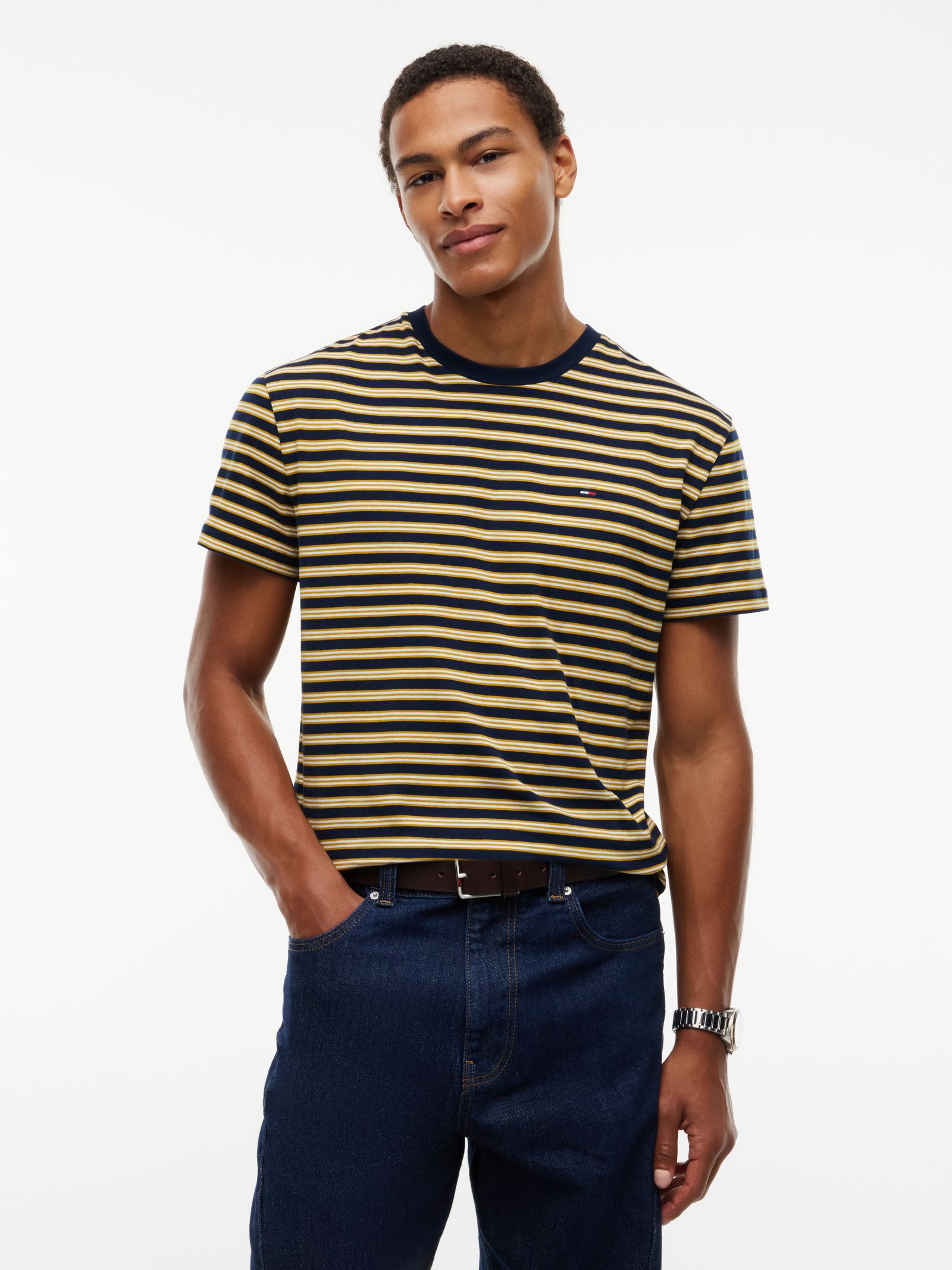 Tommy Jeans T-shirt van jersey met strepen en Tommy vlag in marine