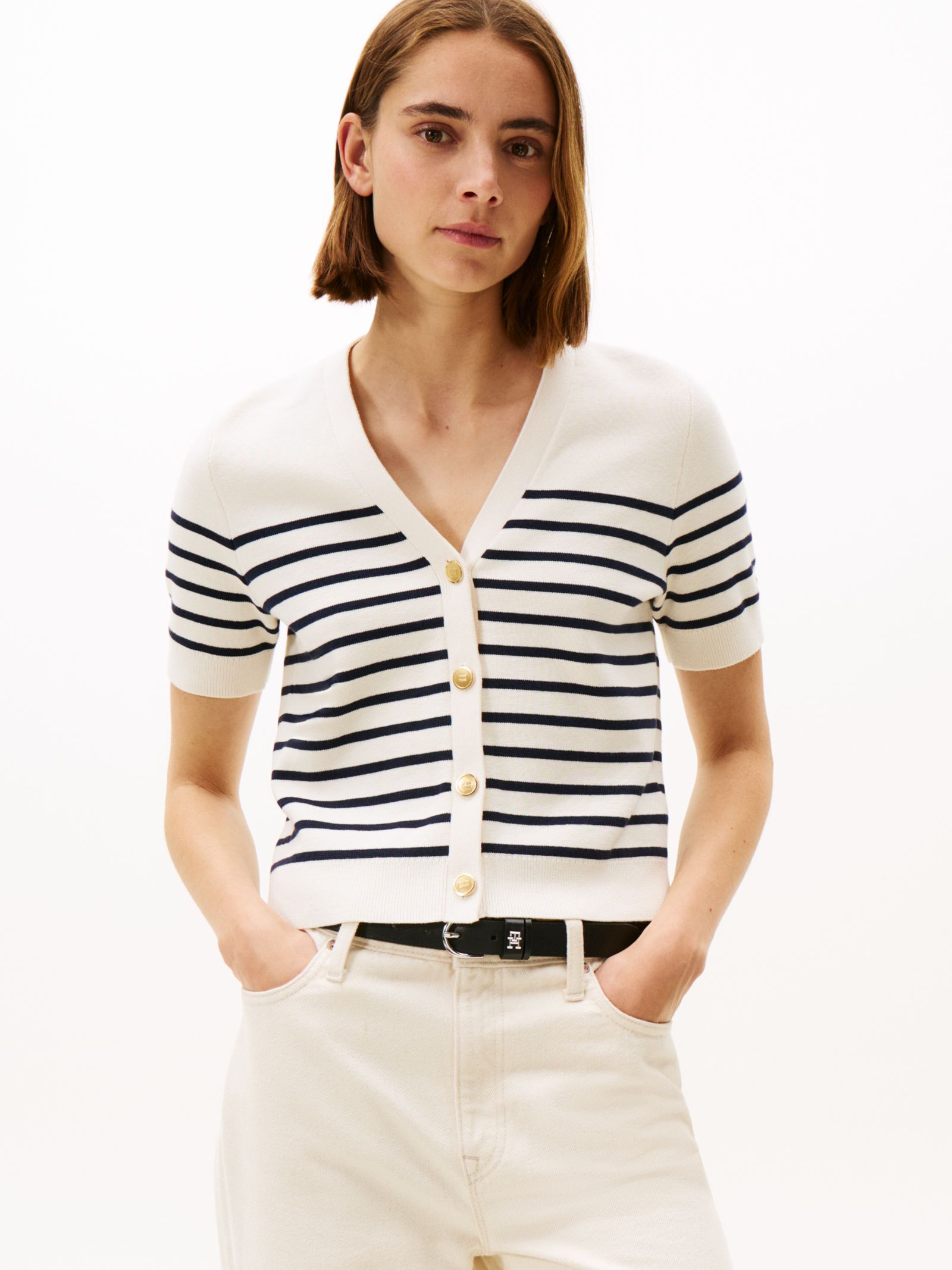Tommy Hilfiger jersey vest met korte mouwen en gouden knopen