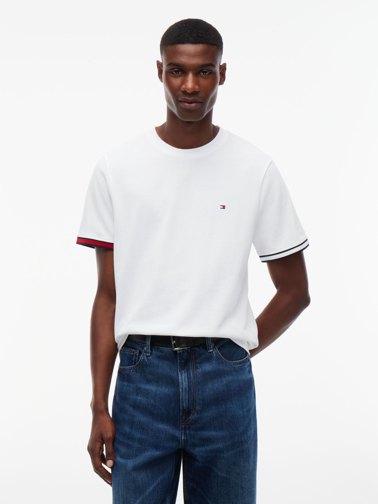 Tommy Hilfiger Piqué T-shirt met ronde hals en streepdetail in wit