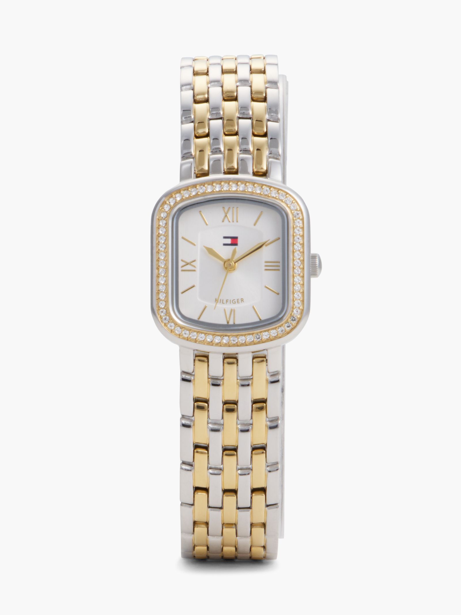 Tommy Hilfiger tweekleurig horloge met kristallen bezel en rechthoekige wijzerplaat