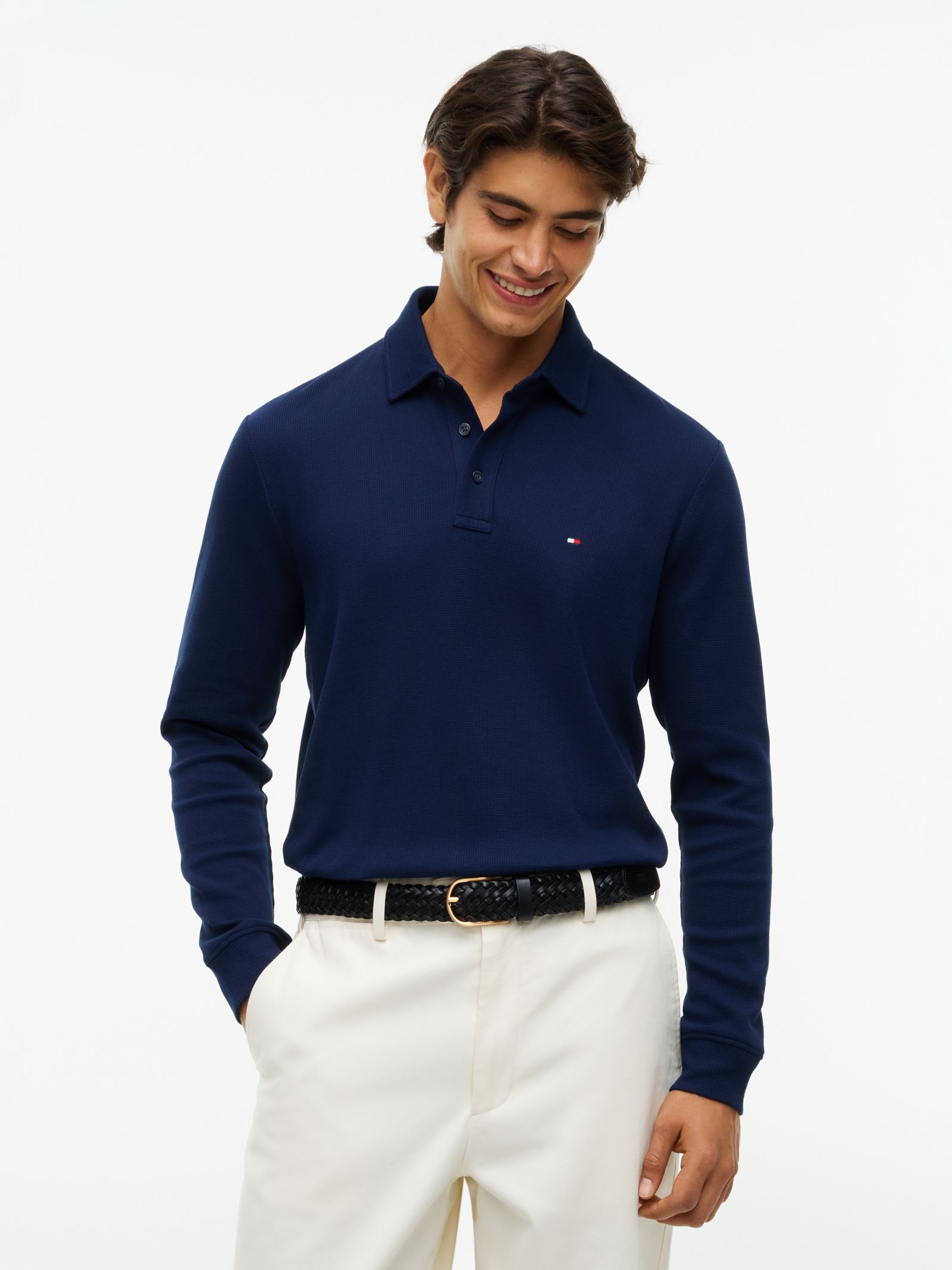 Tommy Hilfiger Regular Longsleeve Polo met wafelsteek in marine