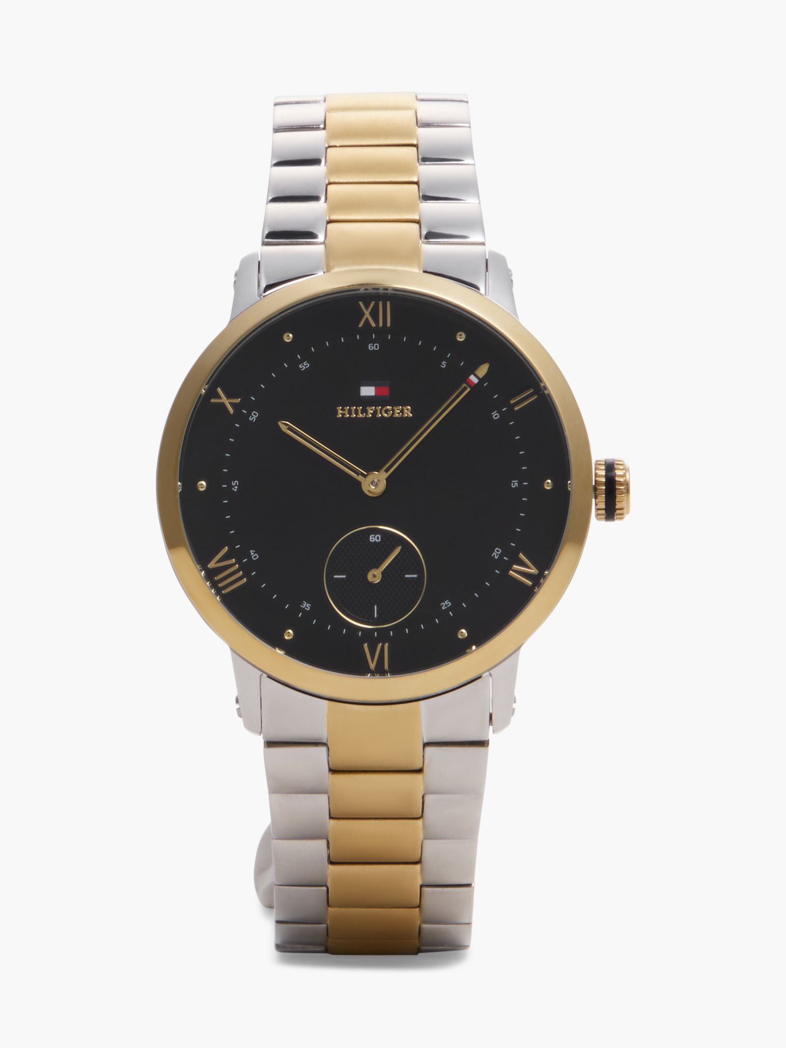 Tommy Hilfiger Horloge met zwarte wijzerplaat en tweekleurige vergulde schakelband