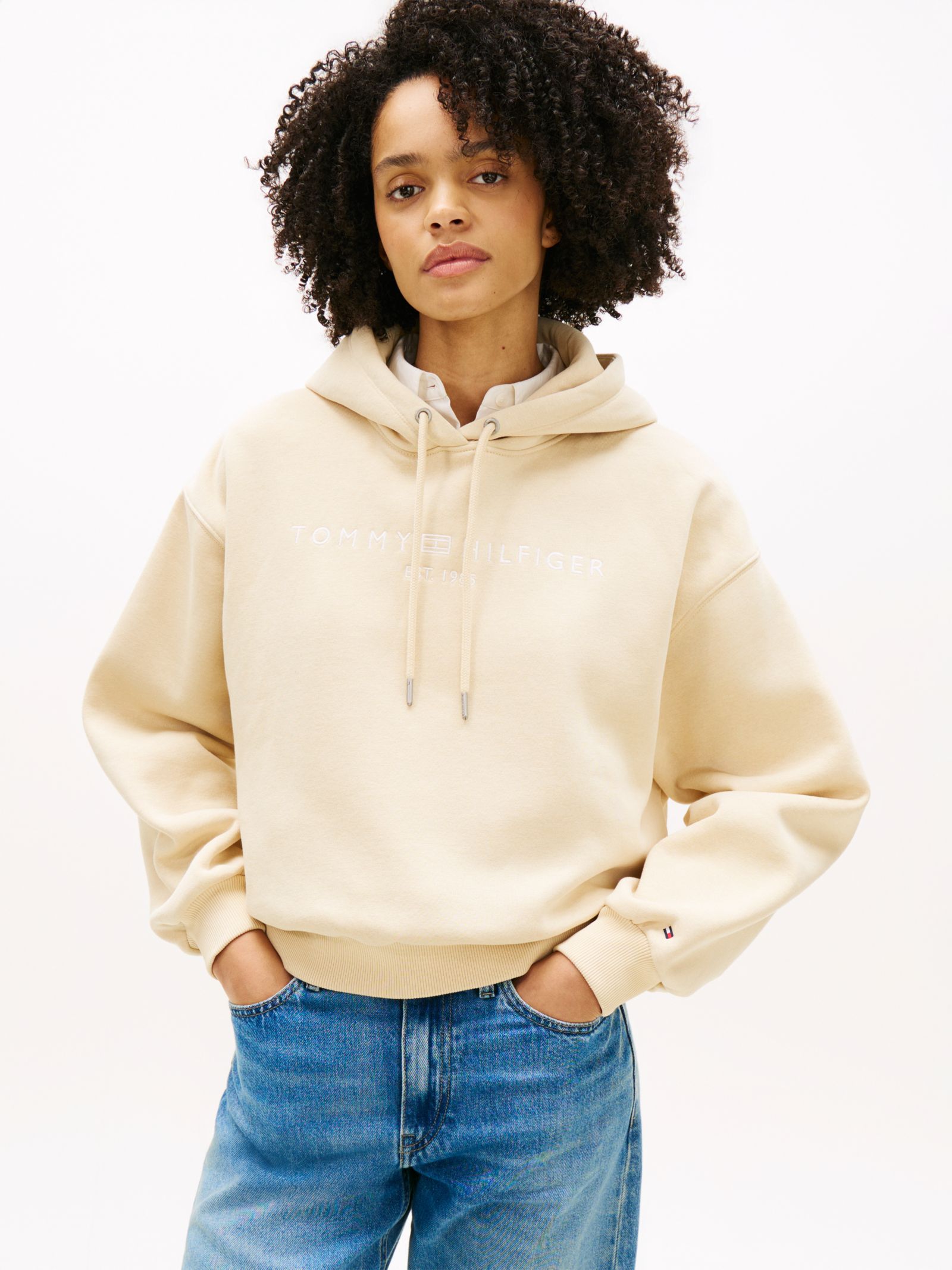 Tommy Hilfiger Relaxed fleece hoodie met logo en trekkoord in beige