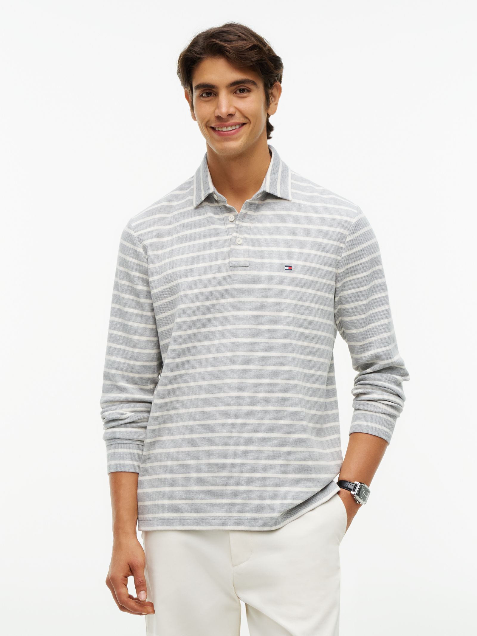 Tommy Hilfiger Regular longsleeve polo met wafelsteek in grijs