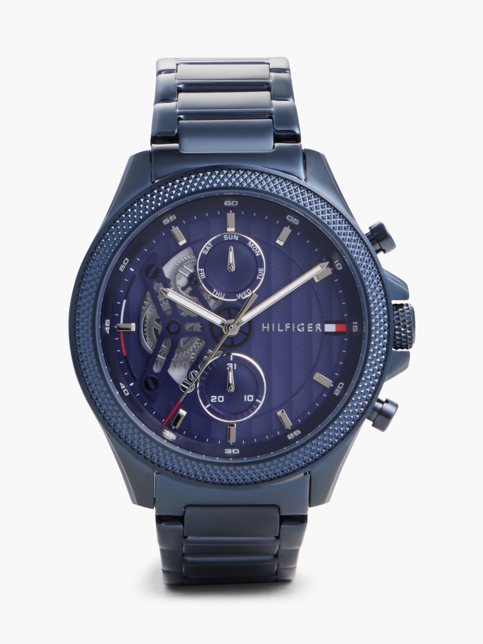 Tommy Hilfiger Chronograafhorloge met schakelband en blauwe skeleton wijzerplaat