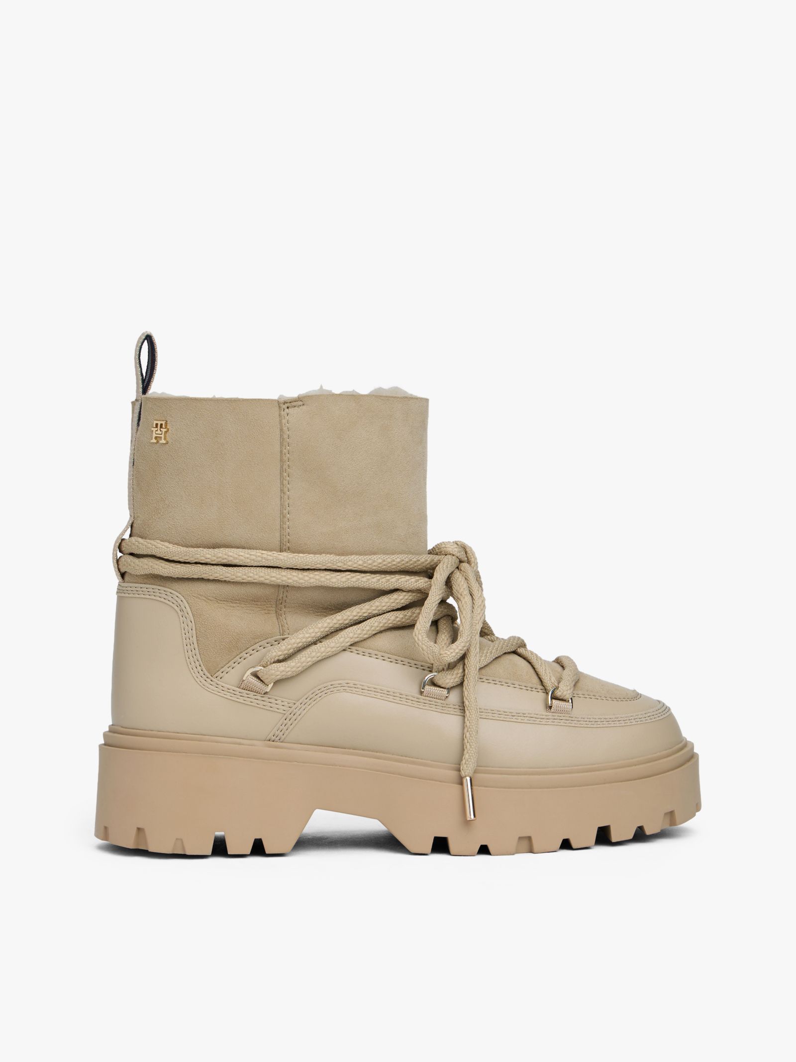 Tommy Hilfiger leren snowboot met profielzool en monogram in beige