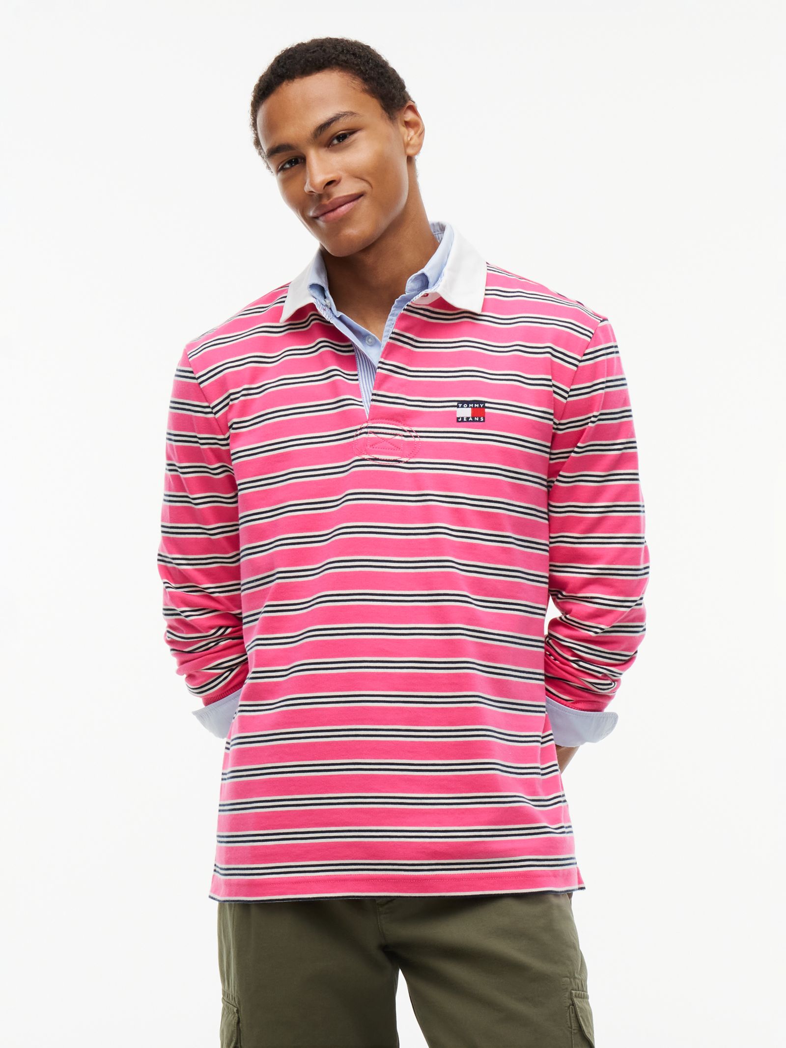 Tommy Jeans Relaxed gestreept rugbyshirt met Tommy badge in roze