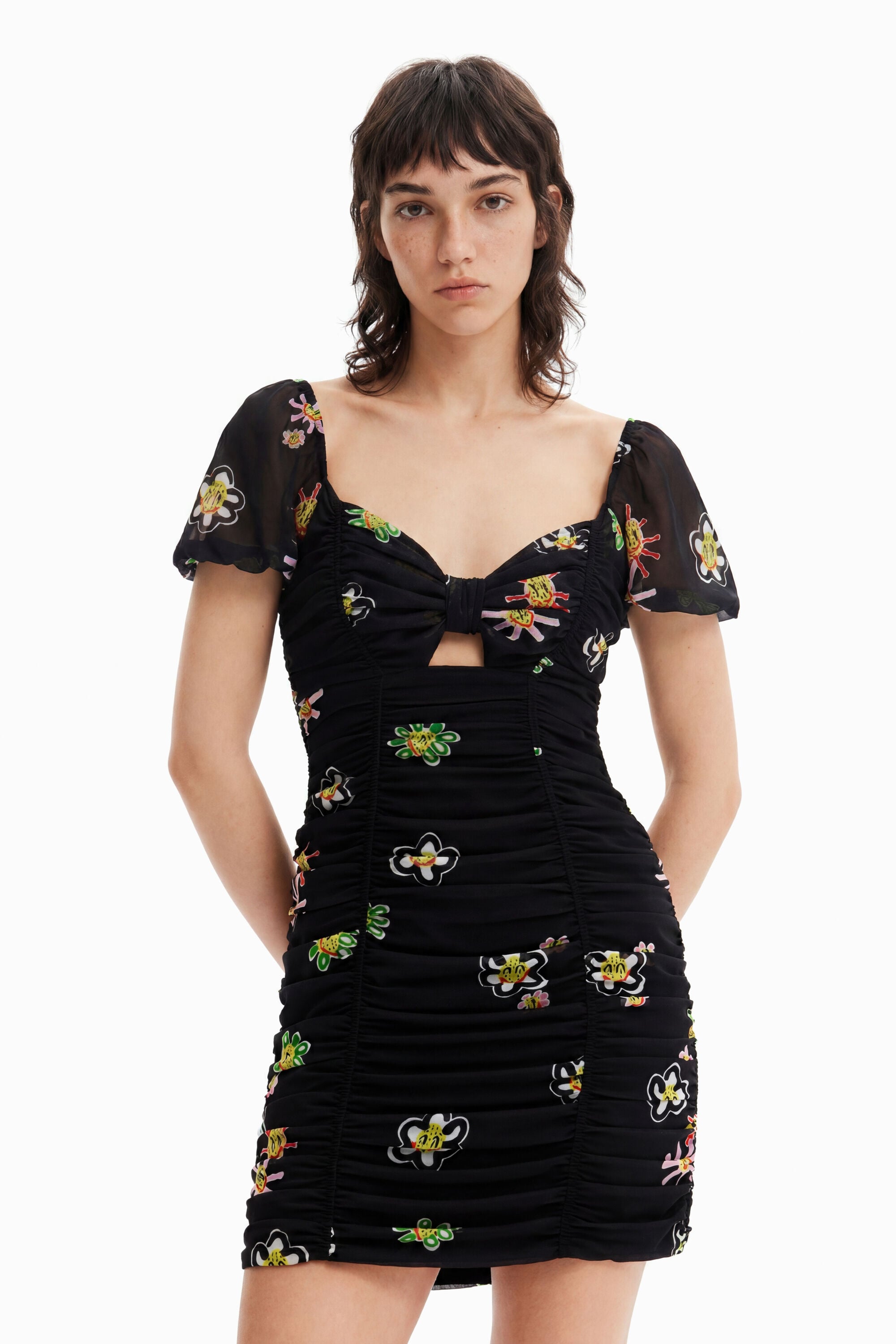 Desigual Korte aangerimpelde jurk met strik in zwart
