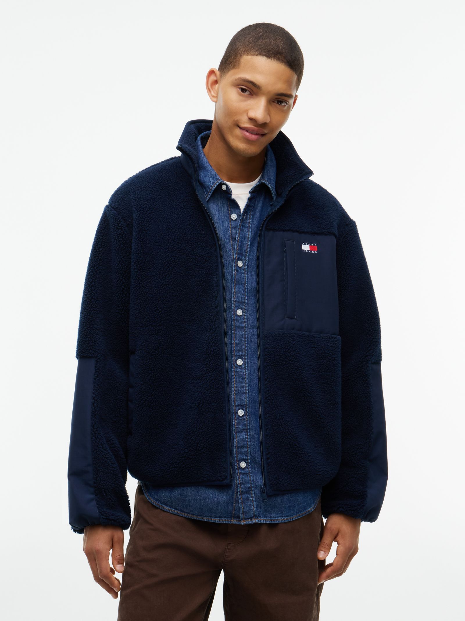 Tommy Jeans teddy fleece jack met gemengde texturen in marine