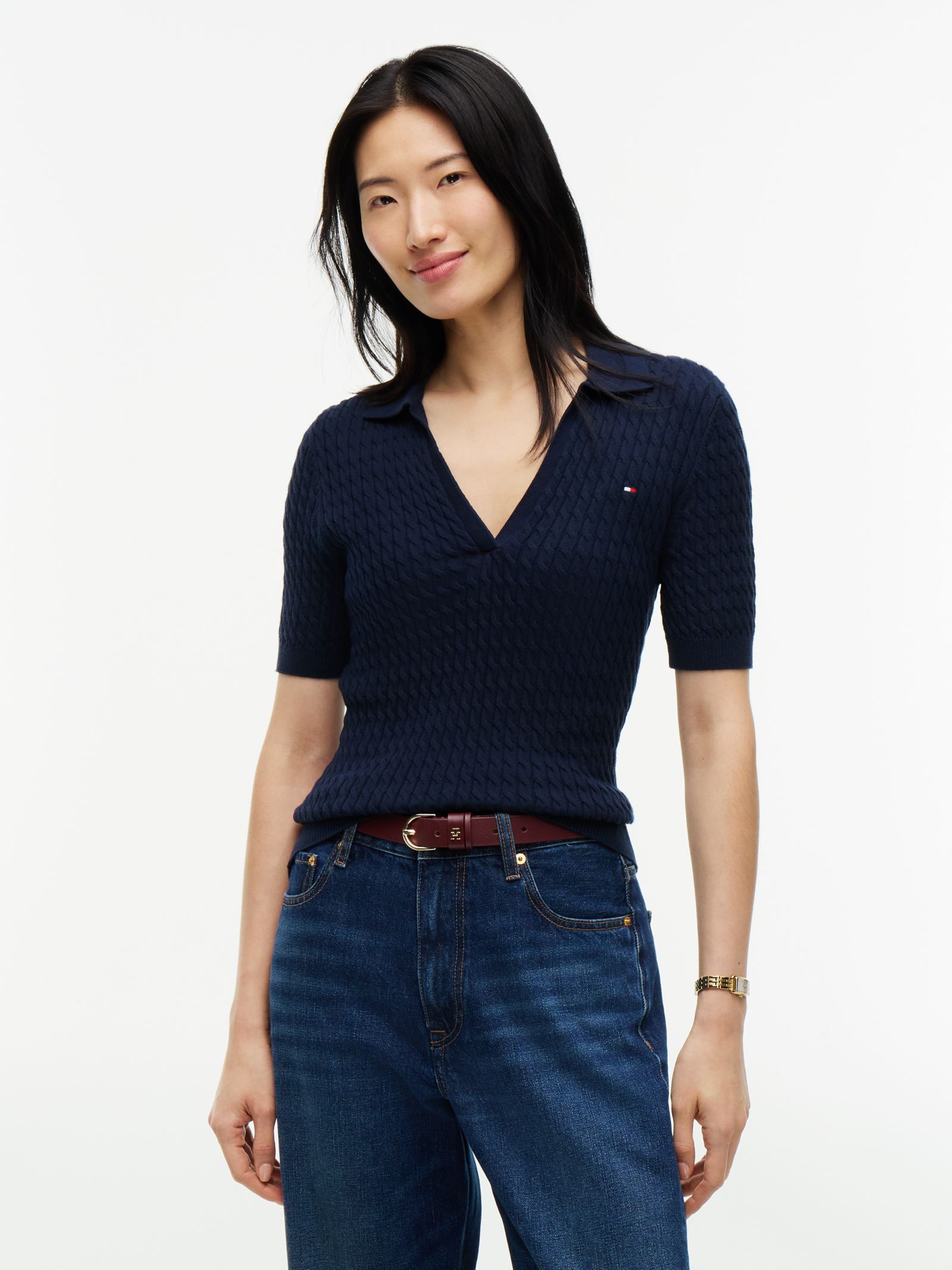 Tommy Hilfiger kabelgebreide polotrui met korte mouwen for women in marine