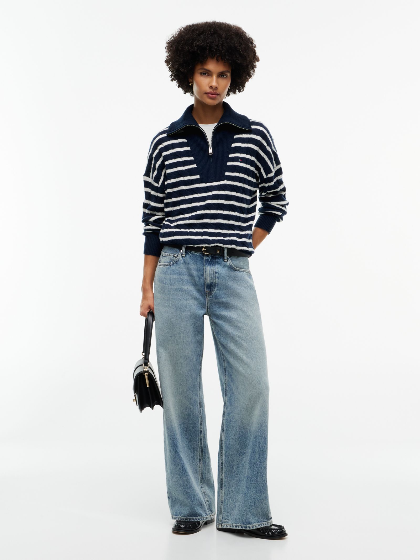 Tommy Hilfiger Kabelgebreide trui van zuivere wol met quarter zip in marine
