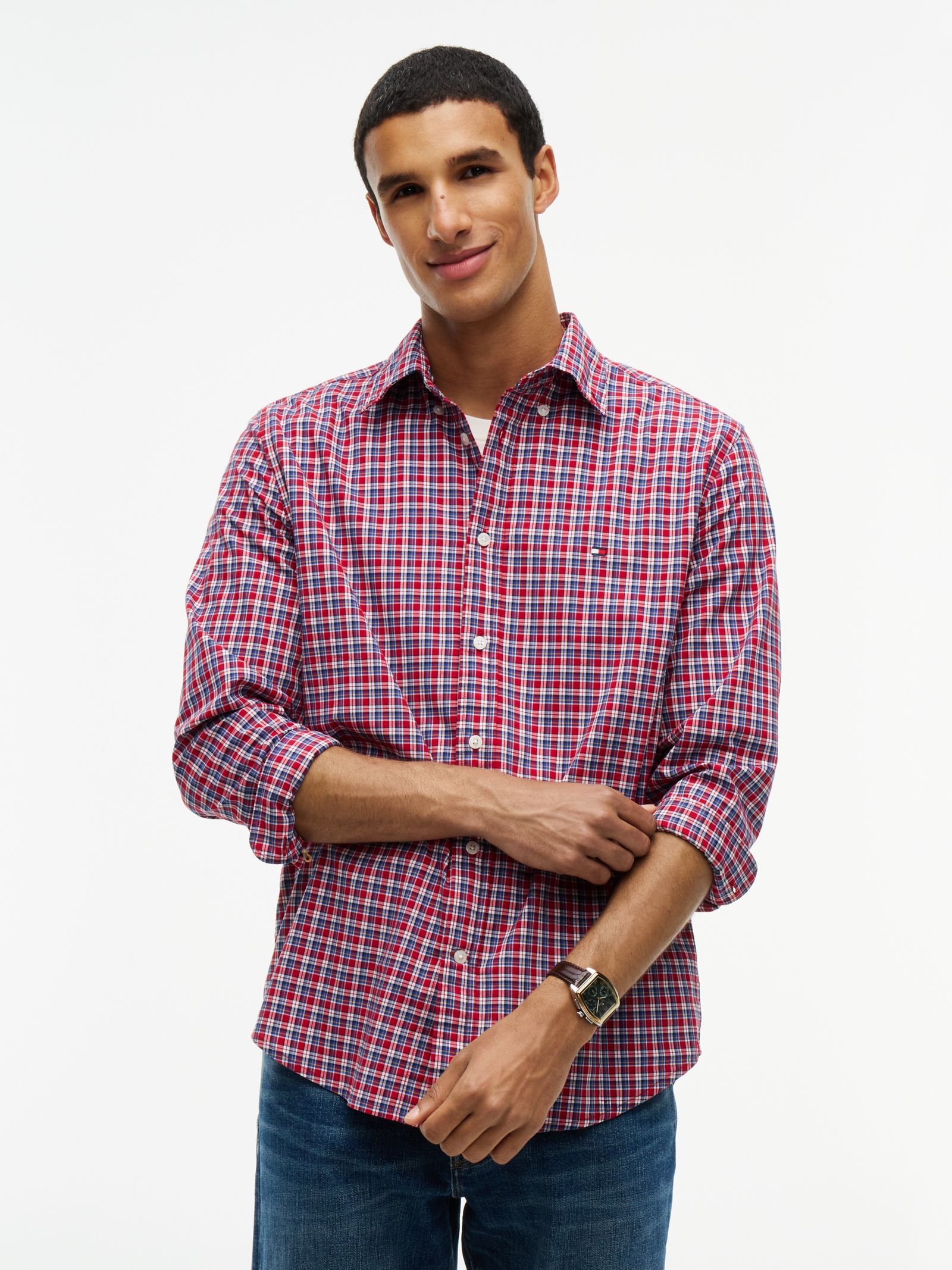 Tommy Hilfiger regular fit poplin flex overhemd met tartanruit in rood