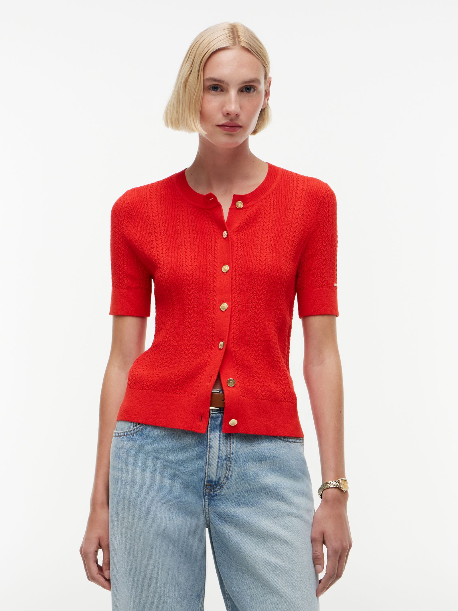Tommy Hilfiger Ajourgebreid vest met goudkleurige knopen en korte mouwen in rood