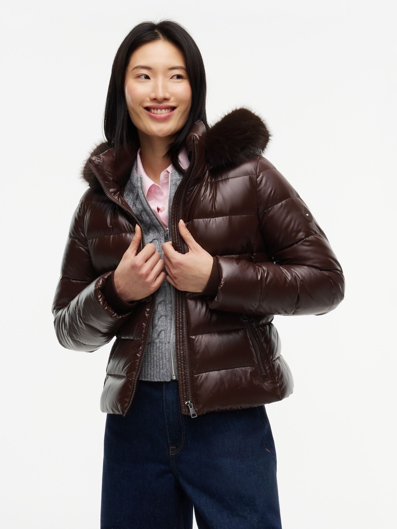 Tommy Hilfiger Glanzend getailleerd donsjack met capuchon van imitatiebont in bruin