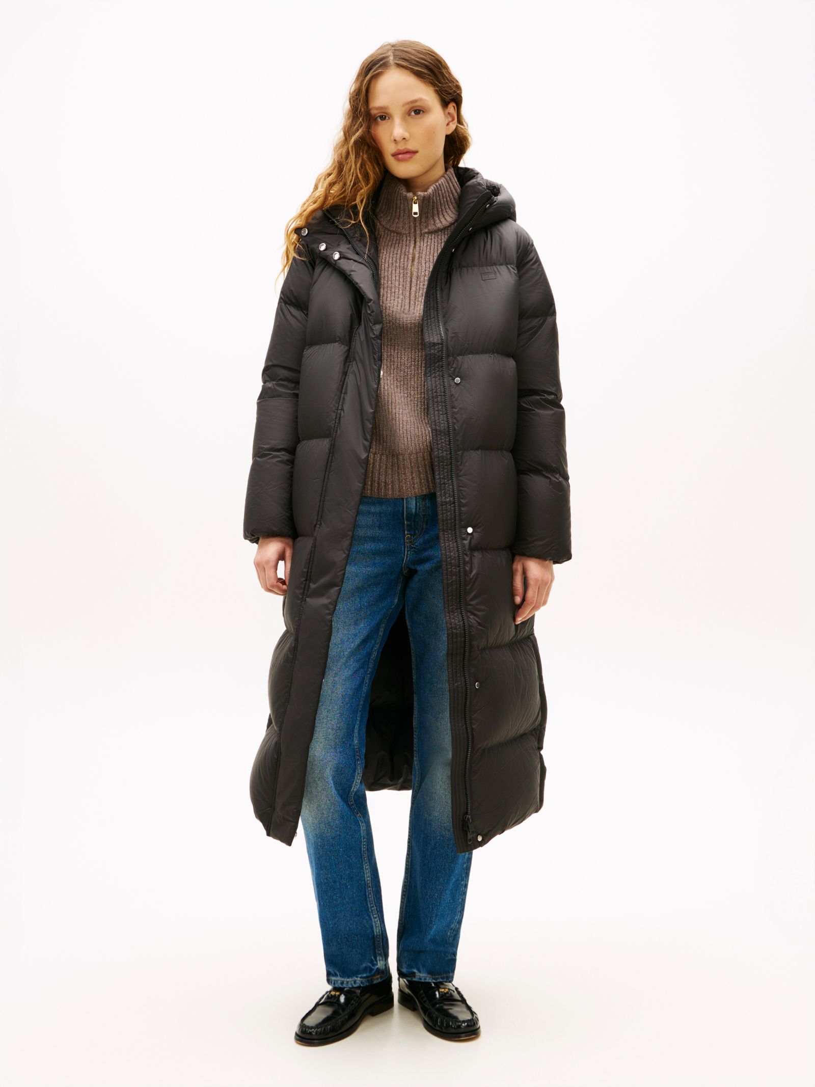 Tommy Hilfiger gewatteerde longline donsjas met capuchon in zwart