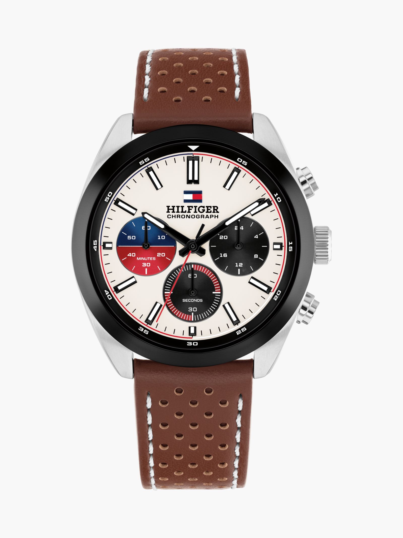 Tommy Hilfiger Horloge met bruine geperforeerde leren band