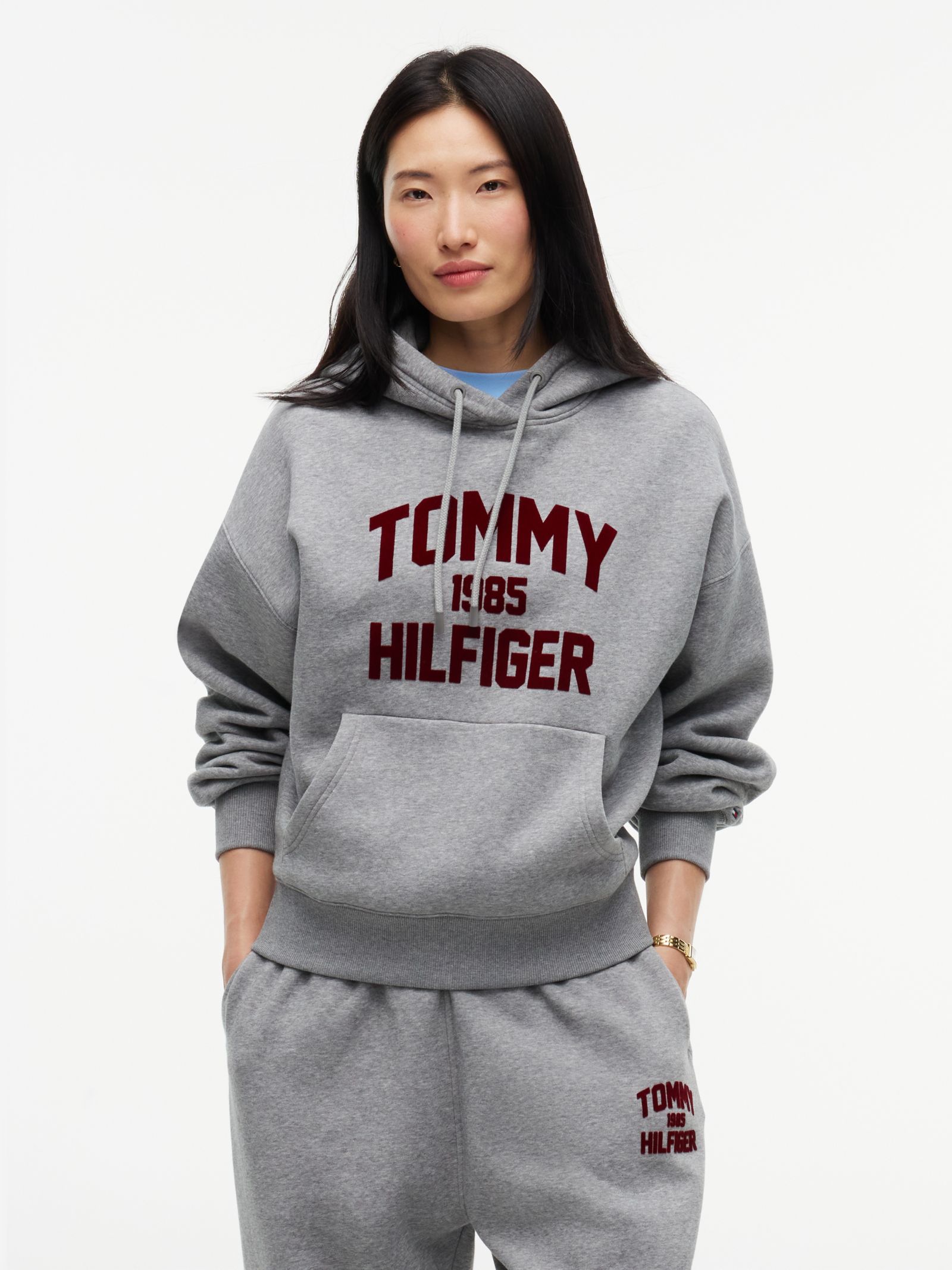 Tommy Hilfiger Relaxed fleece hoodie met flocked varsity logo in grijs
