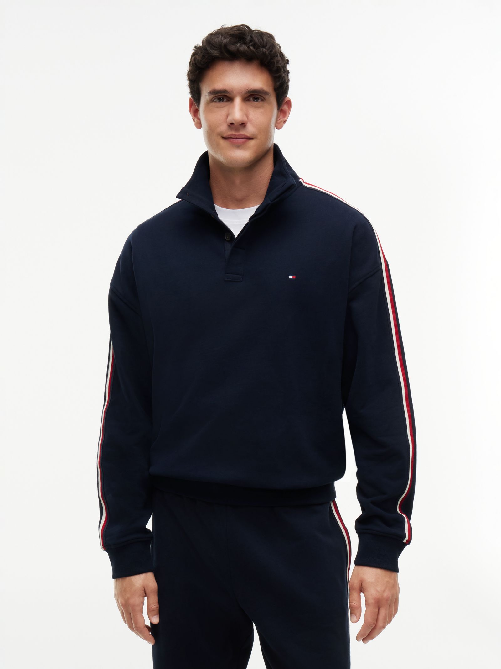 Tommy Hilfiger Loungesweatshirt met signature streep en knoopsluiting in marine