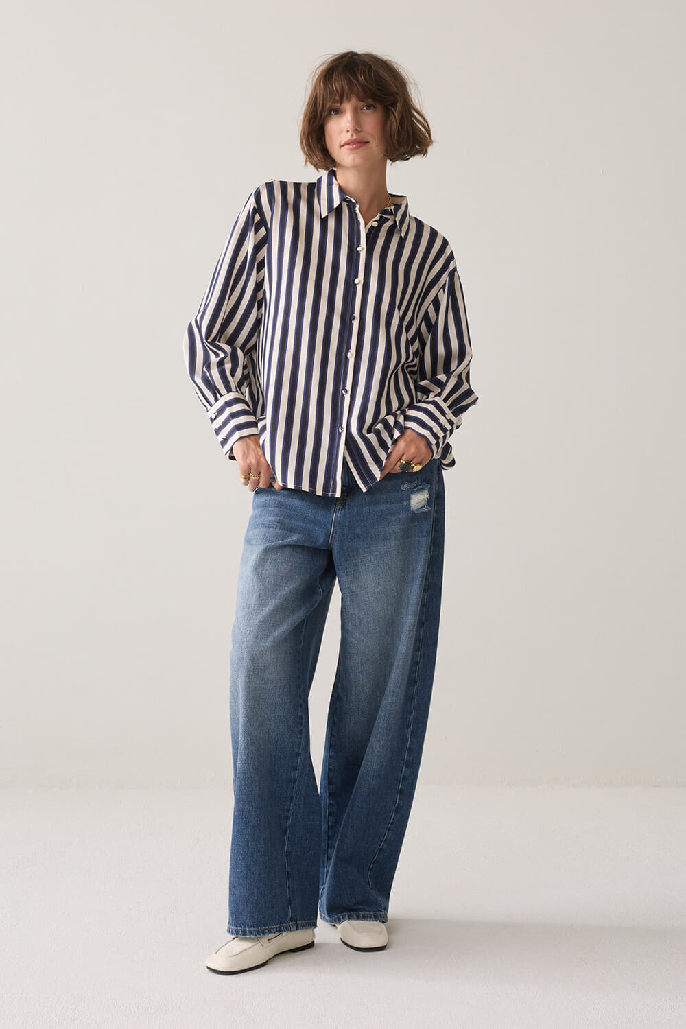 Summum Blouse Stripe Satin Jeans donker dames