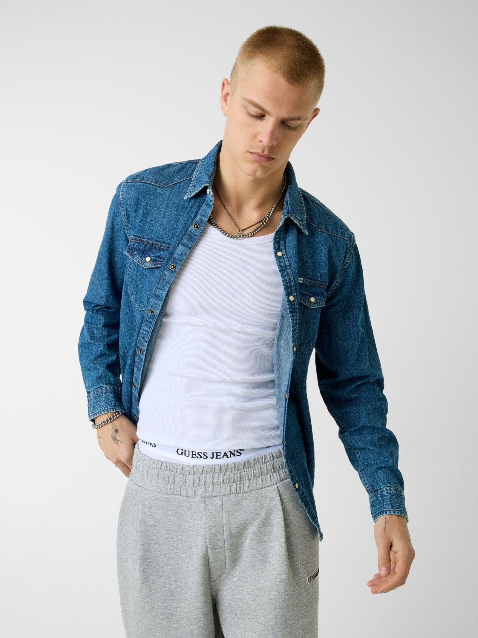Guess Strak Denim Overhemd Met Lange Mouwen