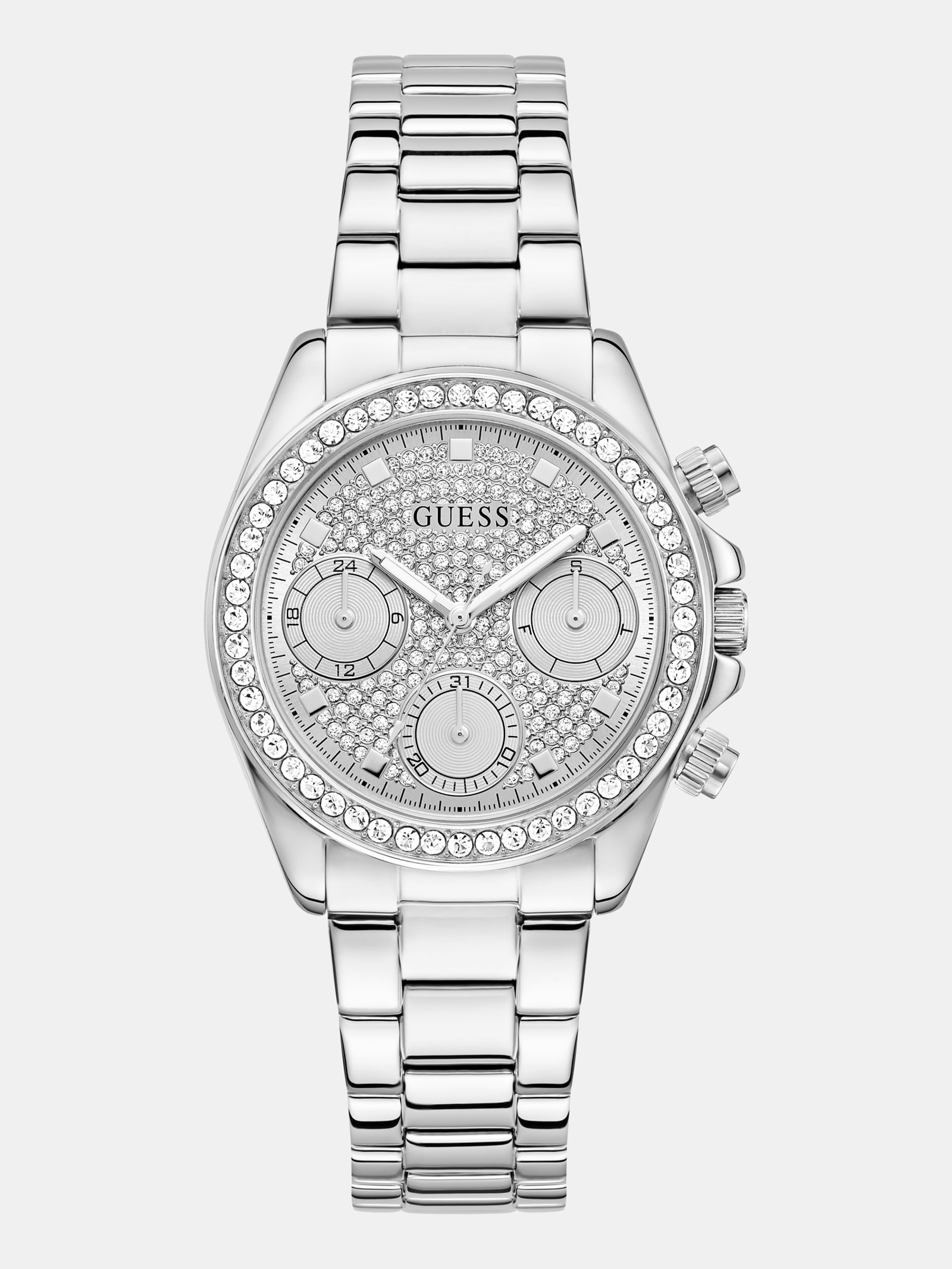 Guess Crystal Stainless Steel Multifunctioneel Horloge 36 Mm in zilver