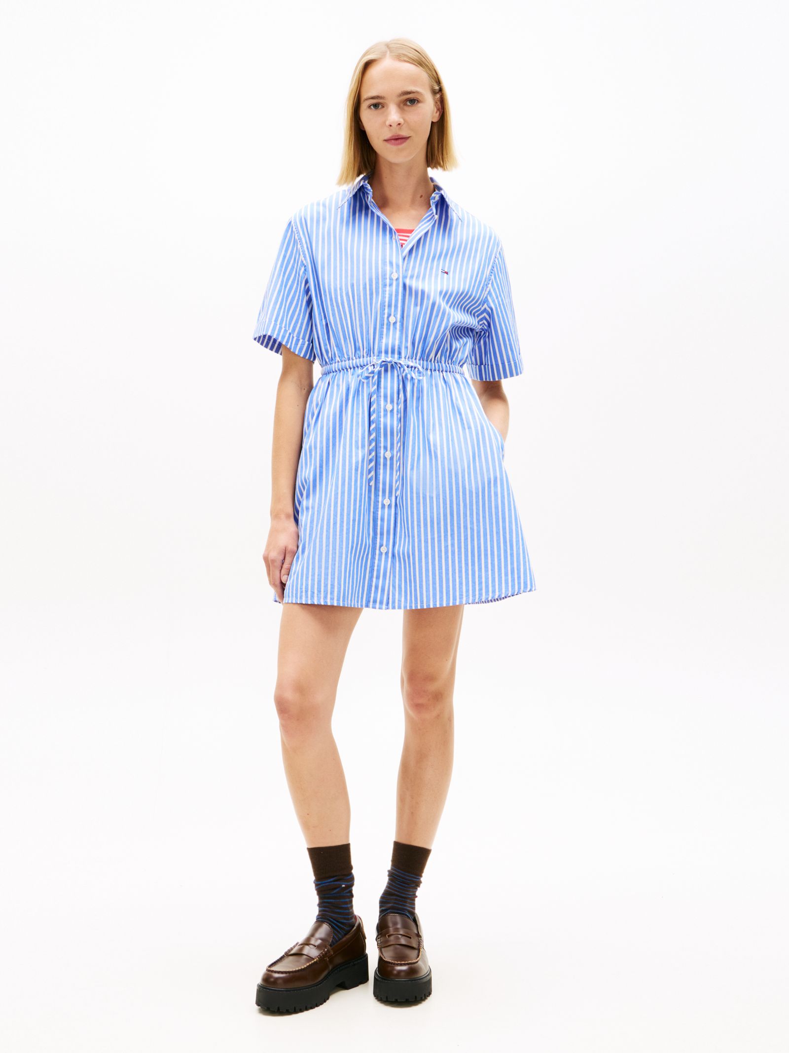 Tommy Jeans gestreepte relaxed fit poplin overhemdjurk in blauw